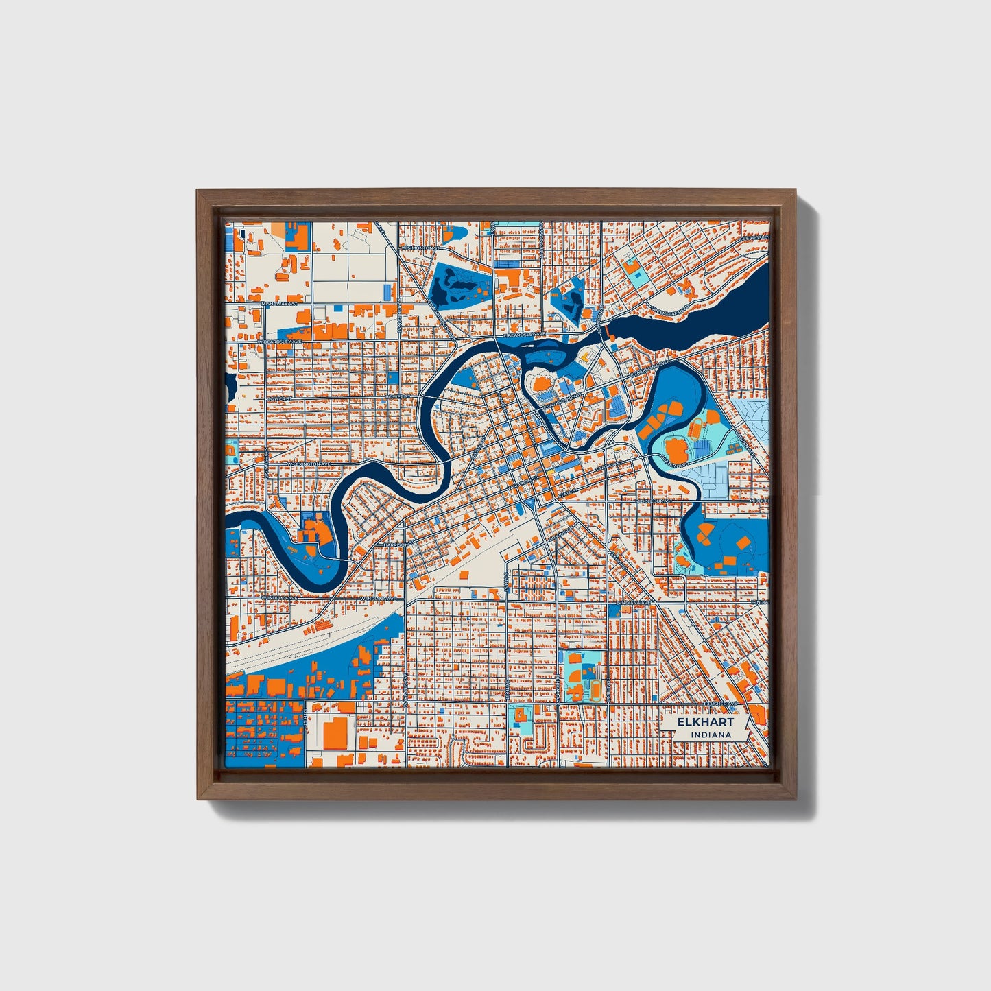 Elkhart Indiana Colorful City Map Canvas Print • Dark Wooden Framed
