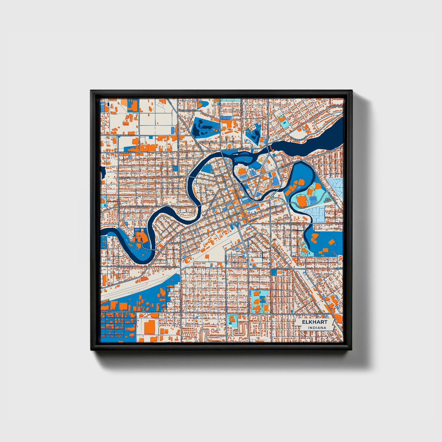 Elkhart Indiana Colorful City Map Canvas Print • Black Framed