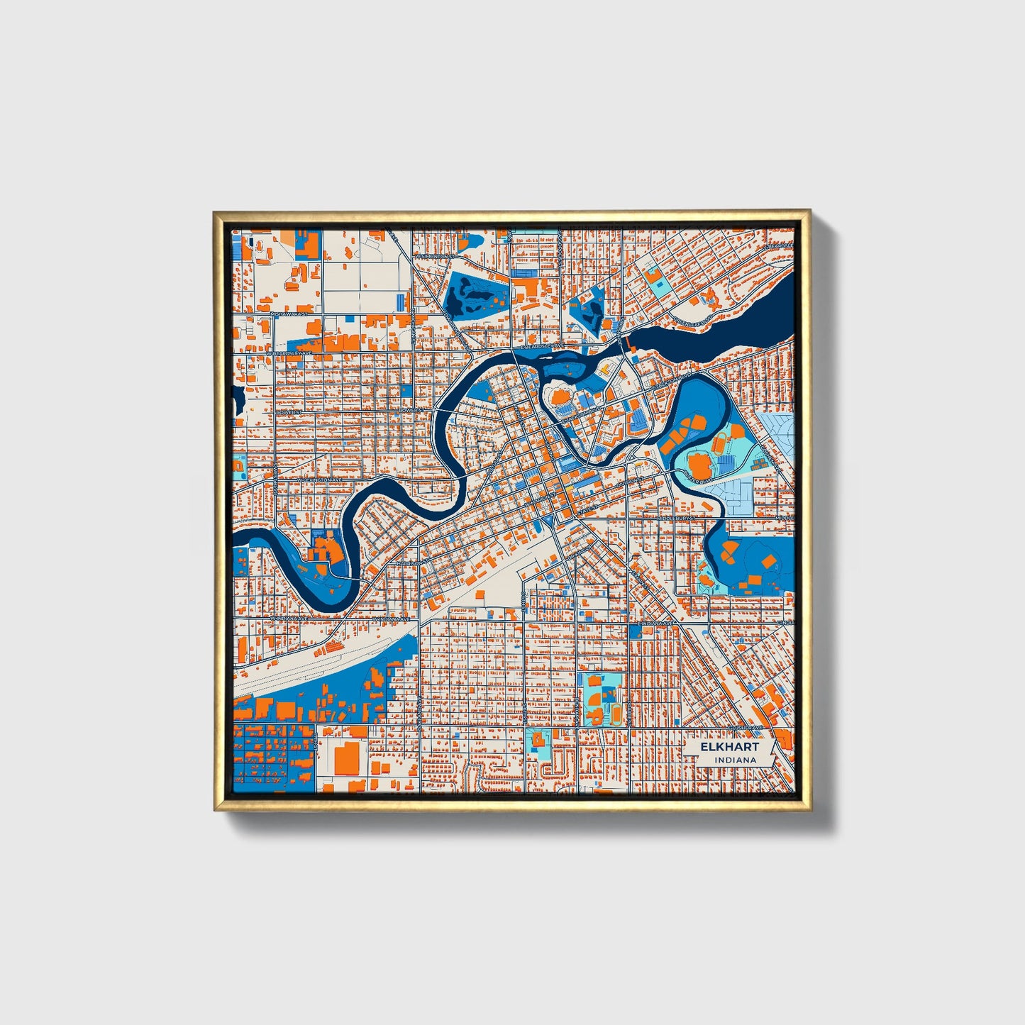 Elkhart Indiana Colorful City Map Canvas Print • Gold Framed
