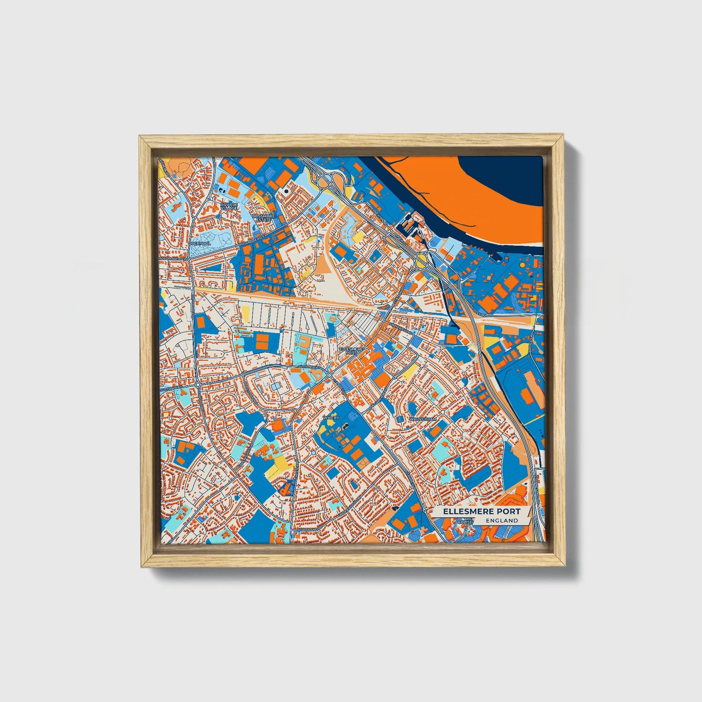 Ellesmere Port England Colorful City Map Canvas Print • Natural Wooden Framed