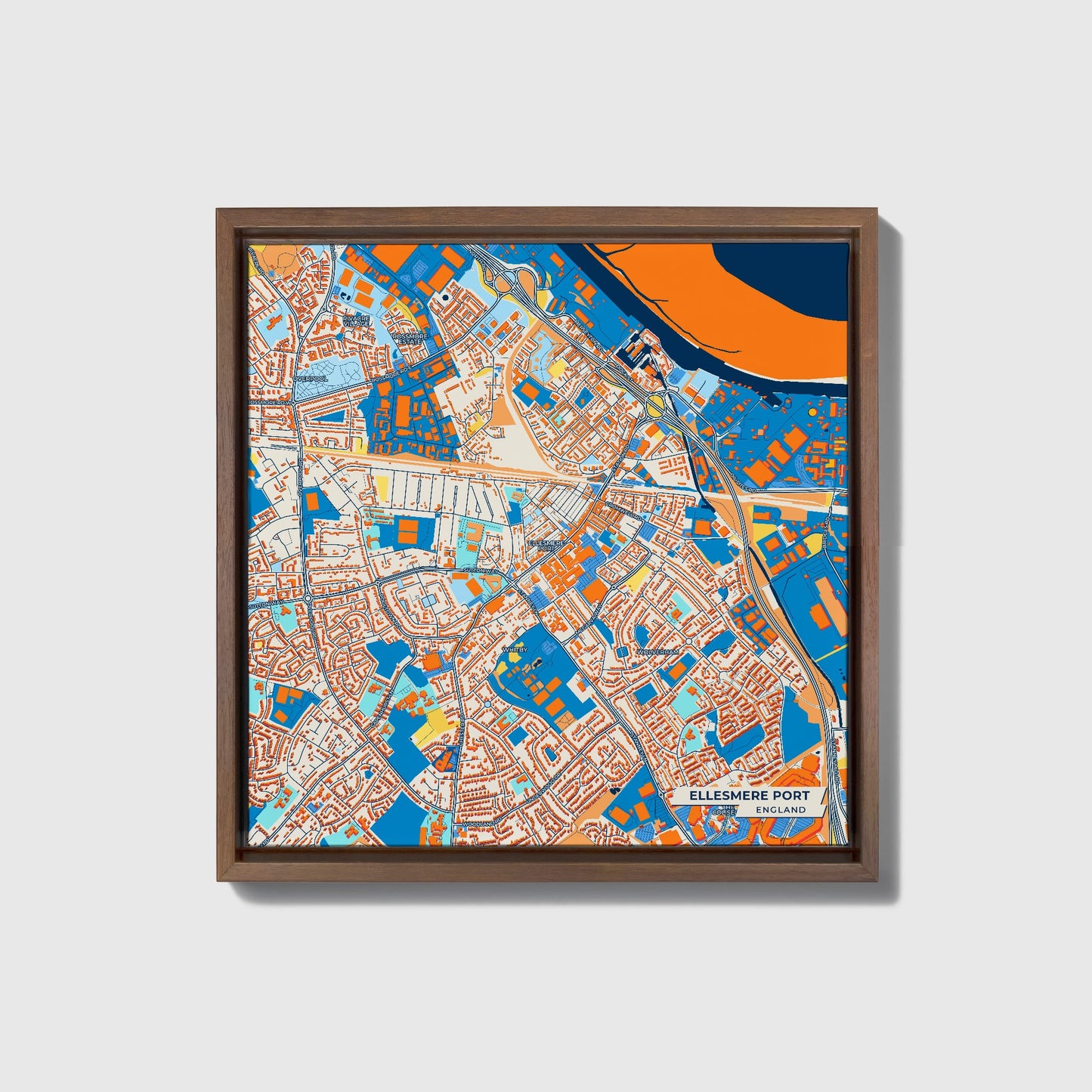 Ellesmere Port England Colorful City Map Canvas Print • Dark Wooden Framed