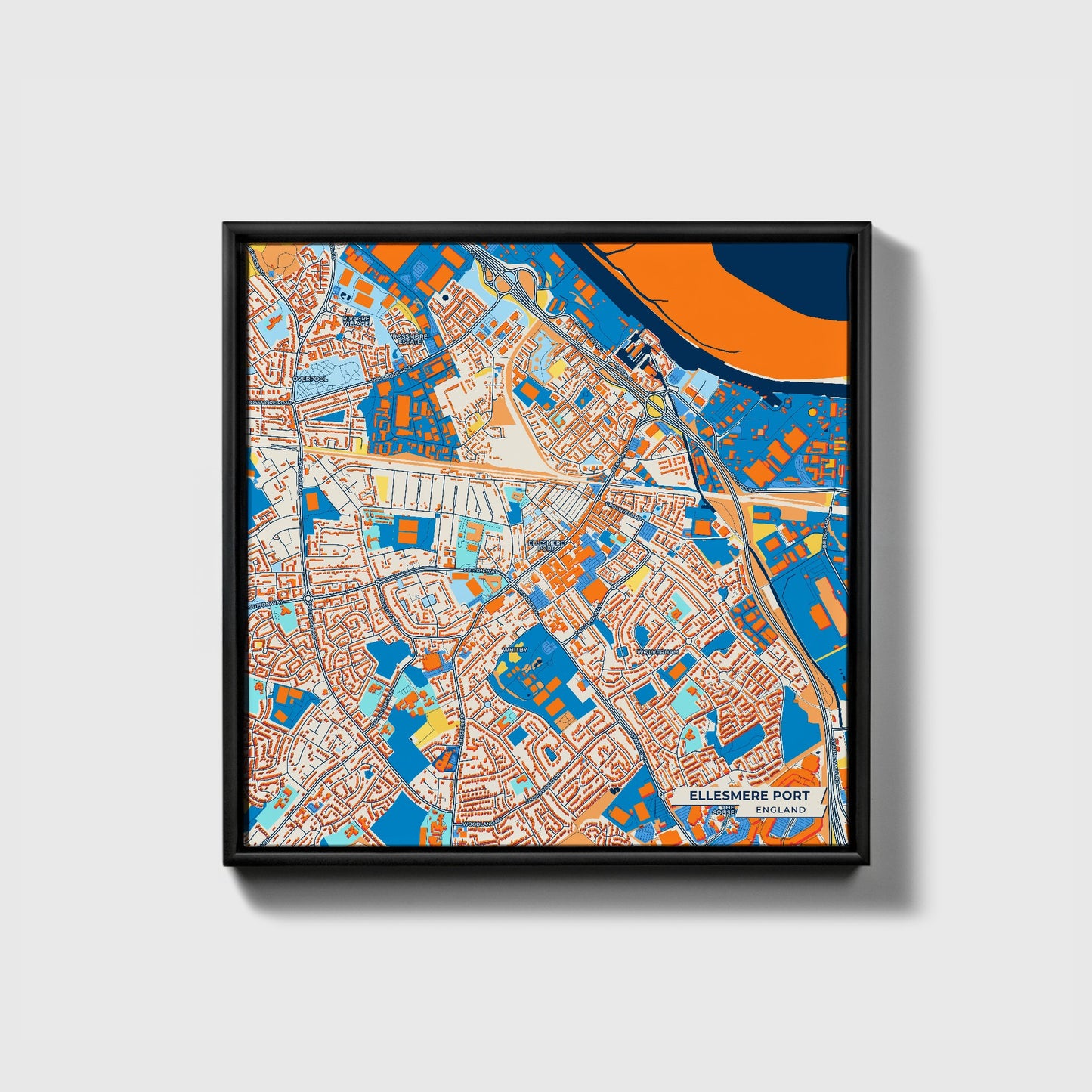 Ellesmere Port England Colorful City Map Canvas Print • Black Framed