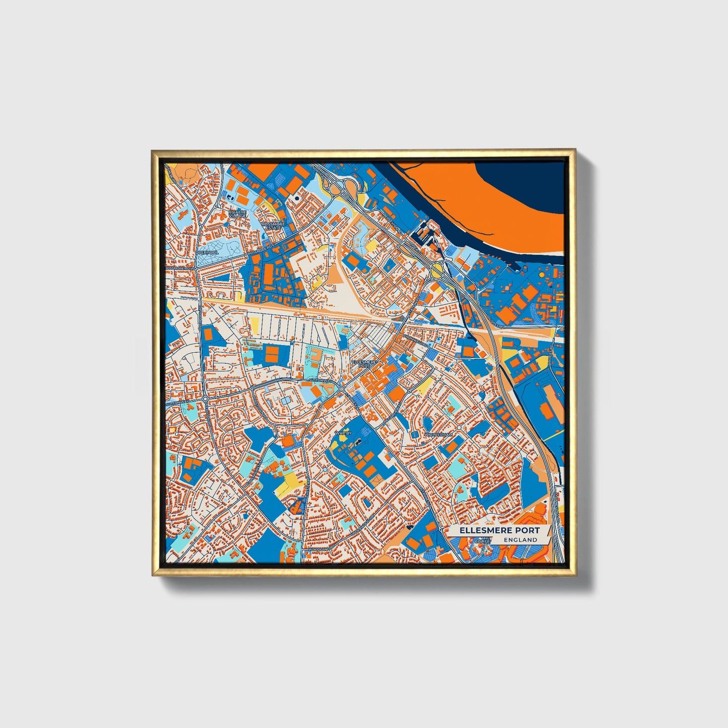 Ellesmere Port England Colorful City Map Canvas Print • Gold Framed