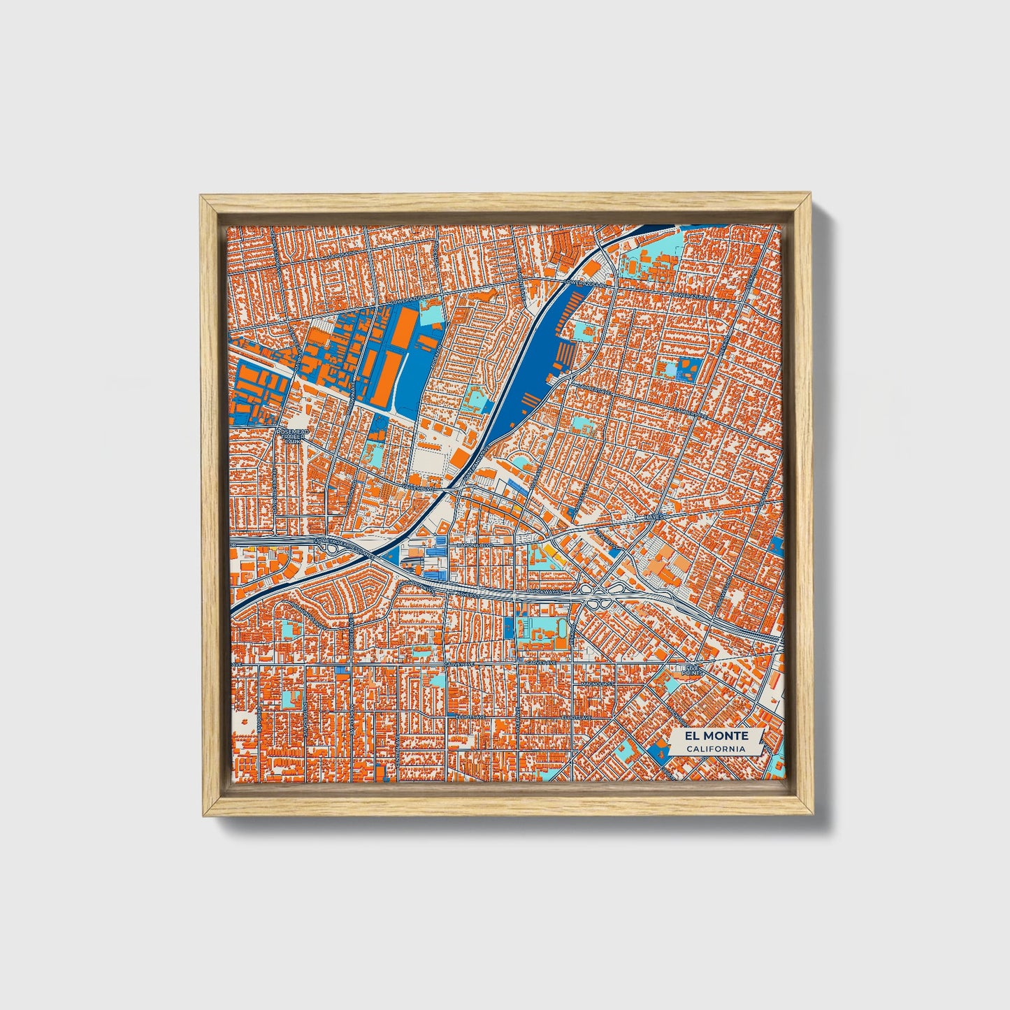 El Monte California Colorful City Map Canvas Print • Natural Wooden Framed
