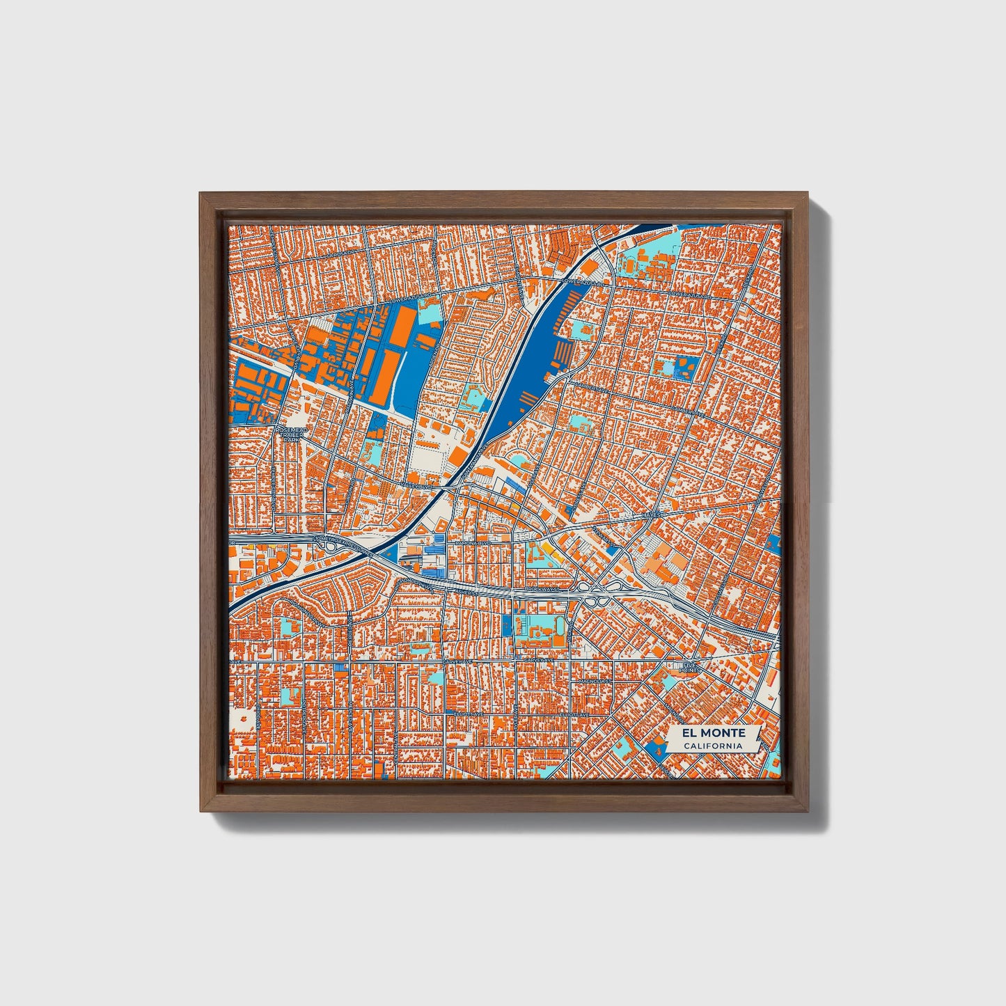 El Monte California Colorful City Map Canvas Print • Dark Wooden Framed