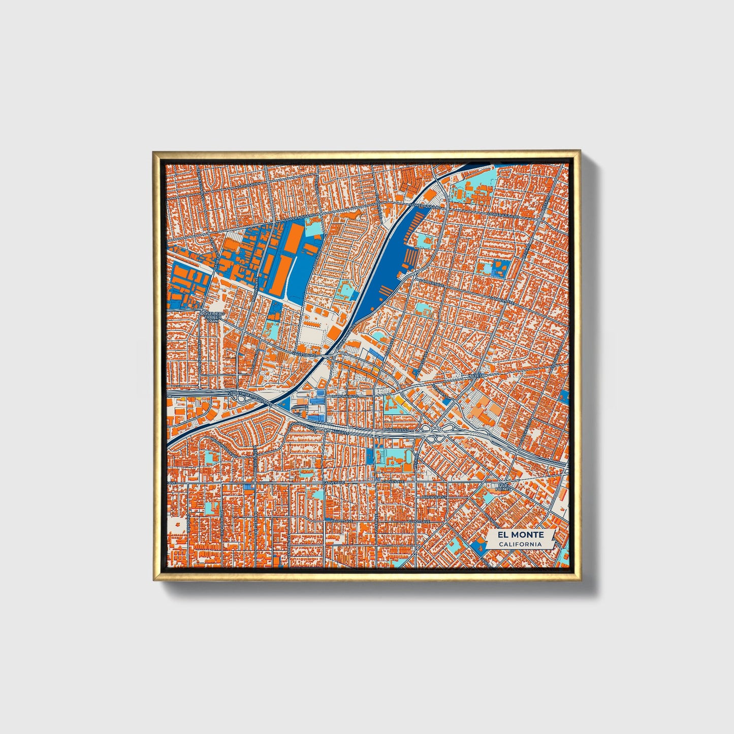 El Monte California Colorful City Map Canvas Print • Gold Framed