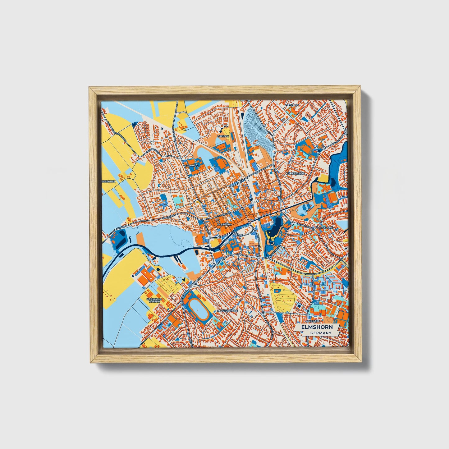 Elmshorn Germany Colorful City Map Canvas Print • Natural Wooden Framed