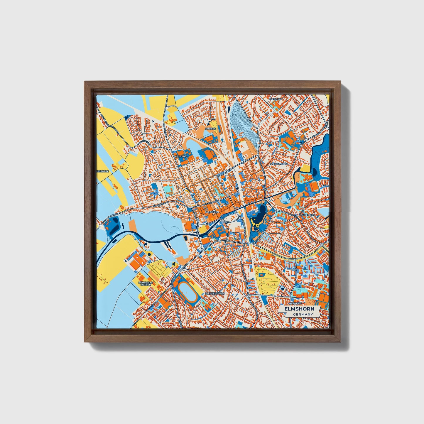 Elmshorn Germany Colorful City Map Canvas Print • Dark Wooden Framed
