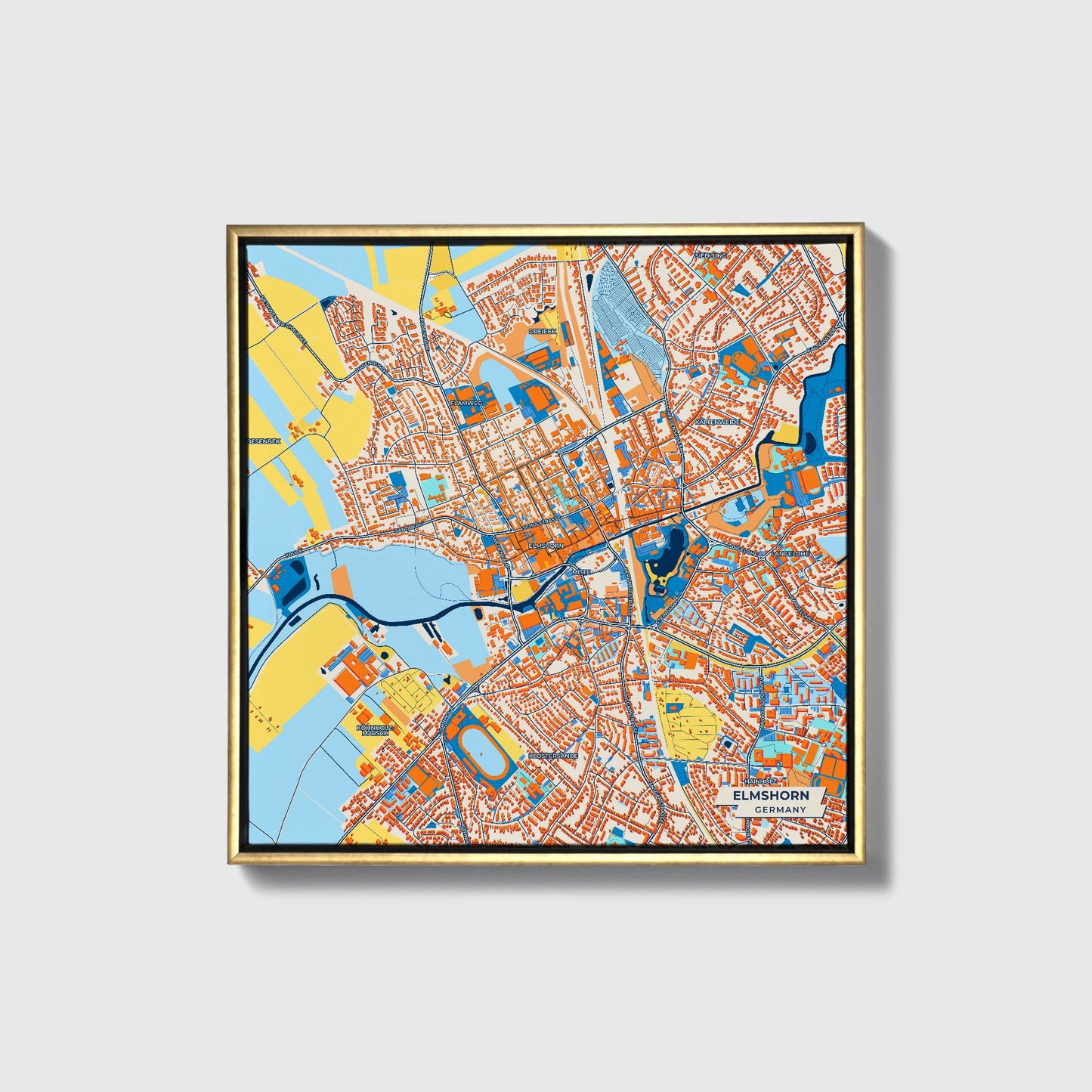 Elmshorn Germany Colorful City Map Canvas Print • Gold Framed