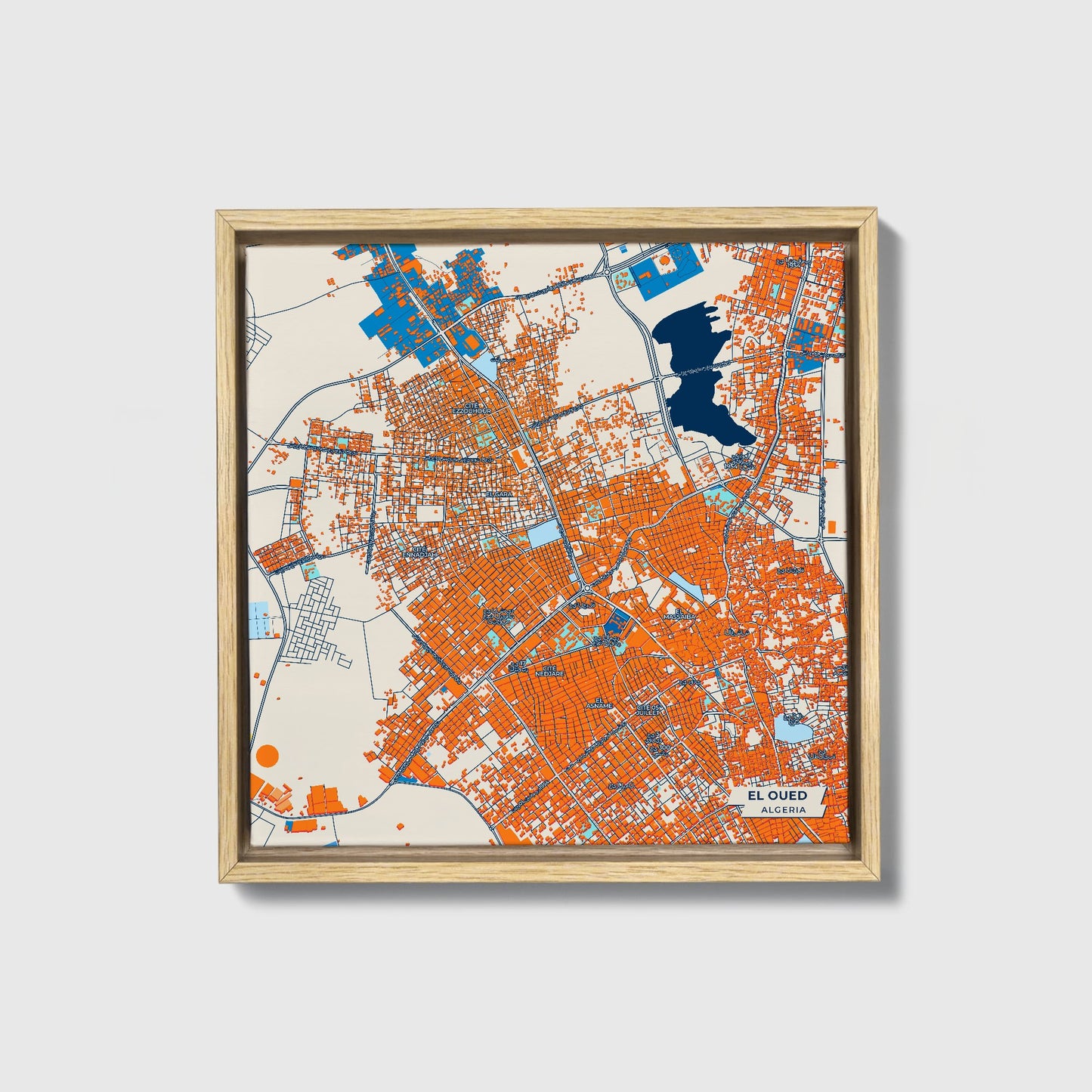 El Oued Algeria Colorful City Map Canvas Print • Natural Wooden Framed
