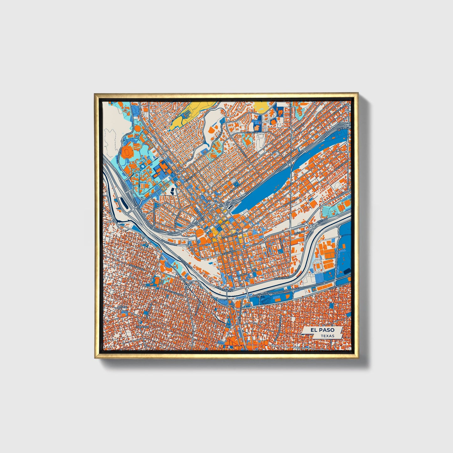 El Paso Texas Colorful City Map Canvas Print • Gold Framed