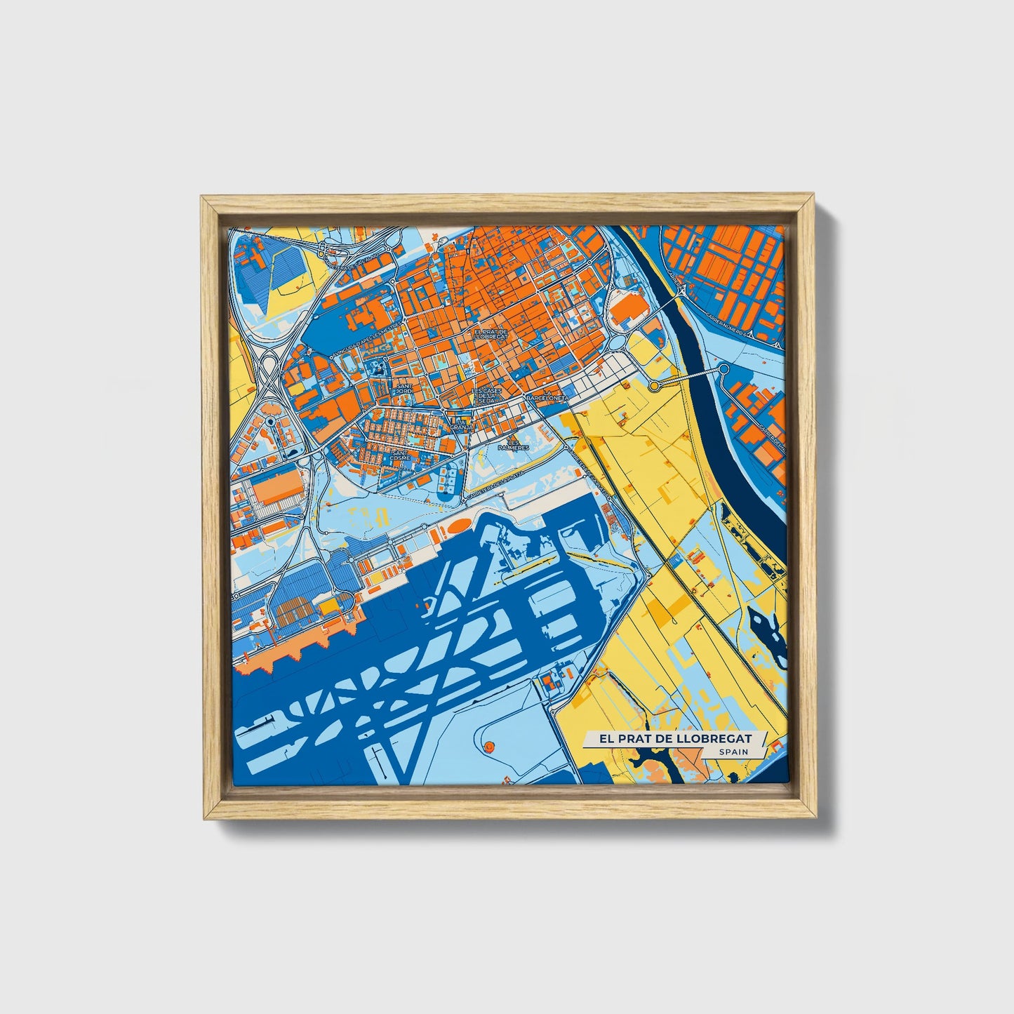 El Prat De Llobregat Spain Colorful City Map Canvas Print • Natural Wooden Framed