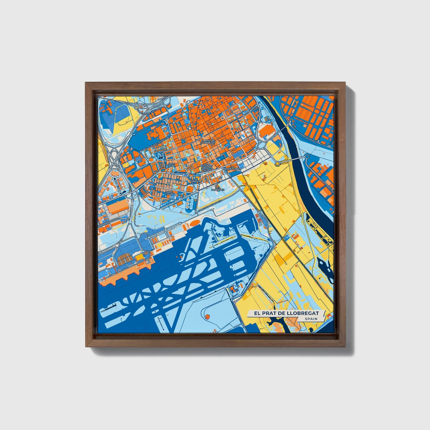 El Prat De Llobregat Spain Colorful City Map Canvas Print • Dark Wooden Framed