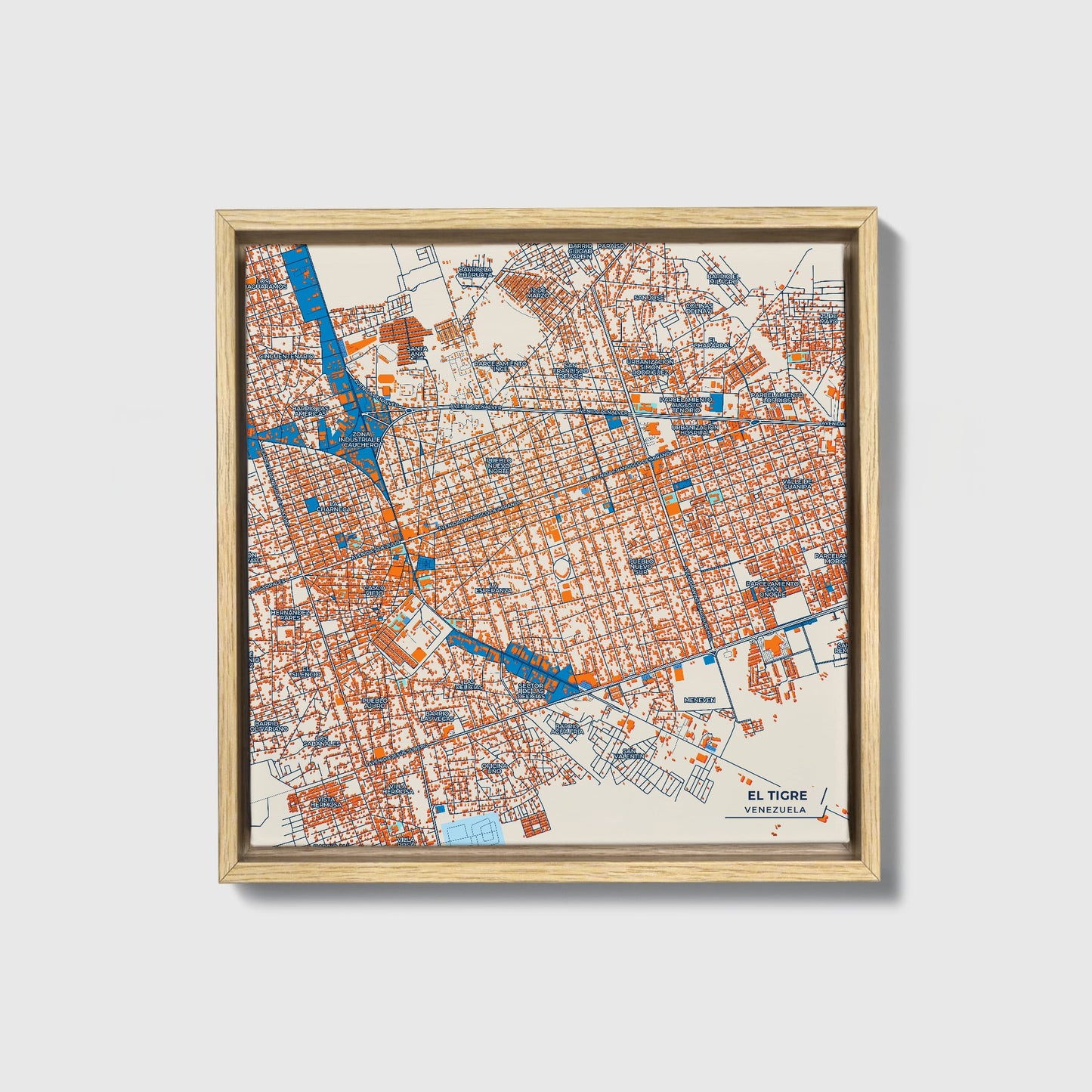 El Tigre Venezuela Colorful City Map Canvas Print • Natural Wooden Framed