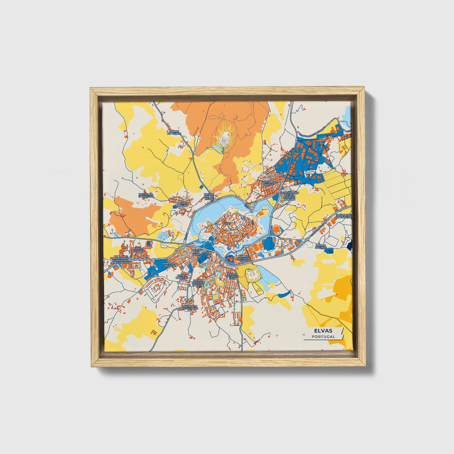 Elvas Portugal Colorful City Map Canvas Print • Natural Wooden Framed