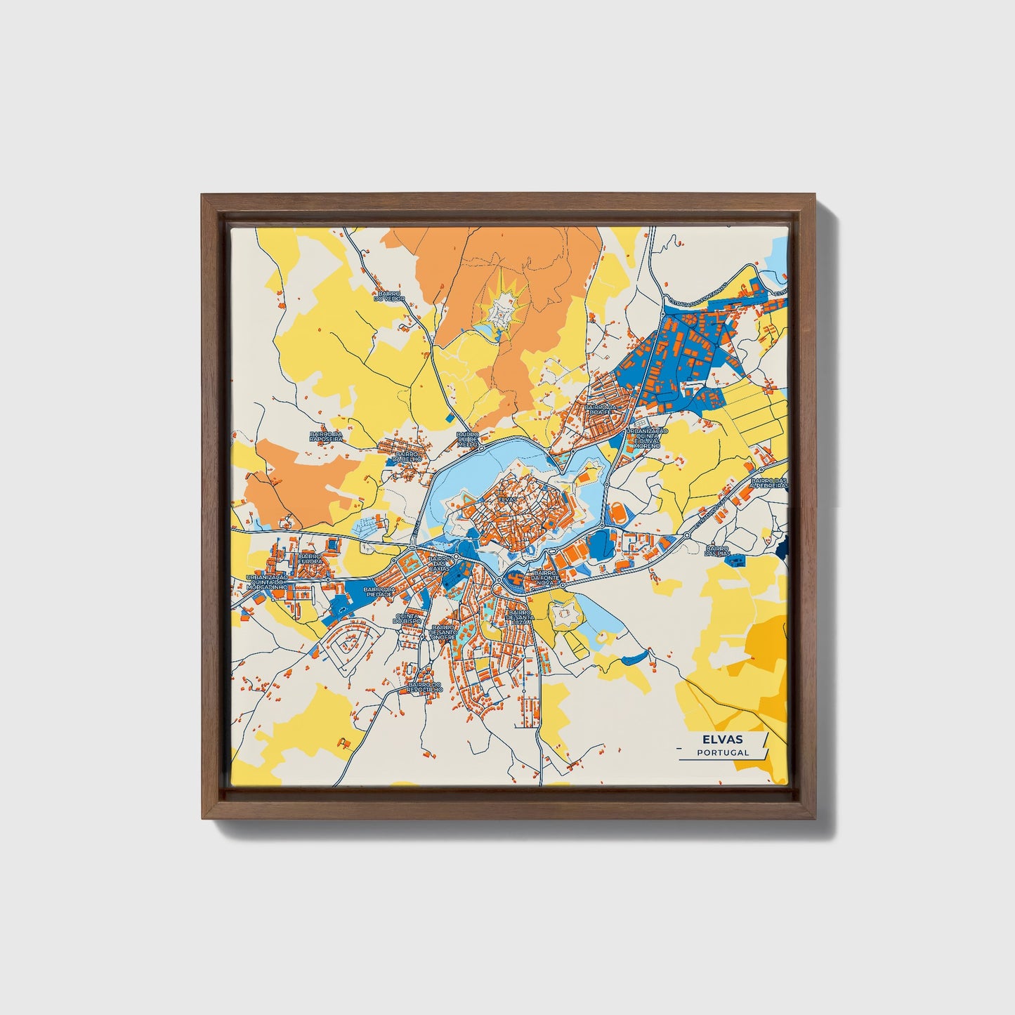 Elvas Portugal Colorful City Map Canvas Print • Dark Wooden Framed
