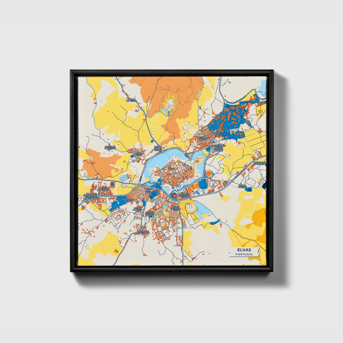 Elvas Portugal Colorful City Map Canvas Print • Black Framed