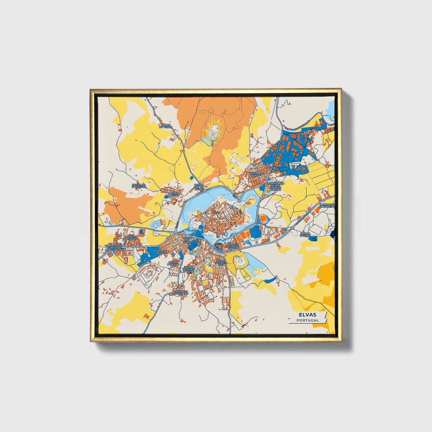 Elvas Portugal Colorful City Map Canvas Print • Gold Framed