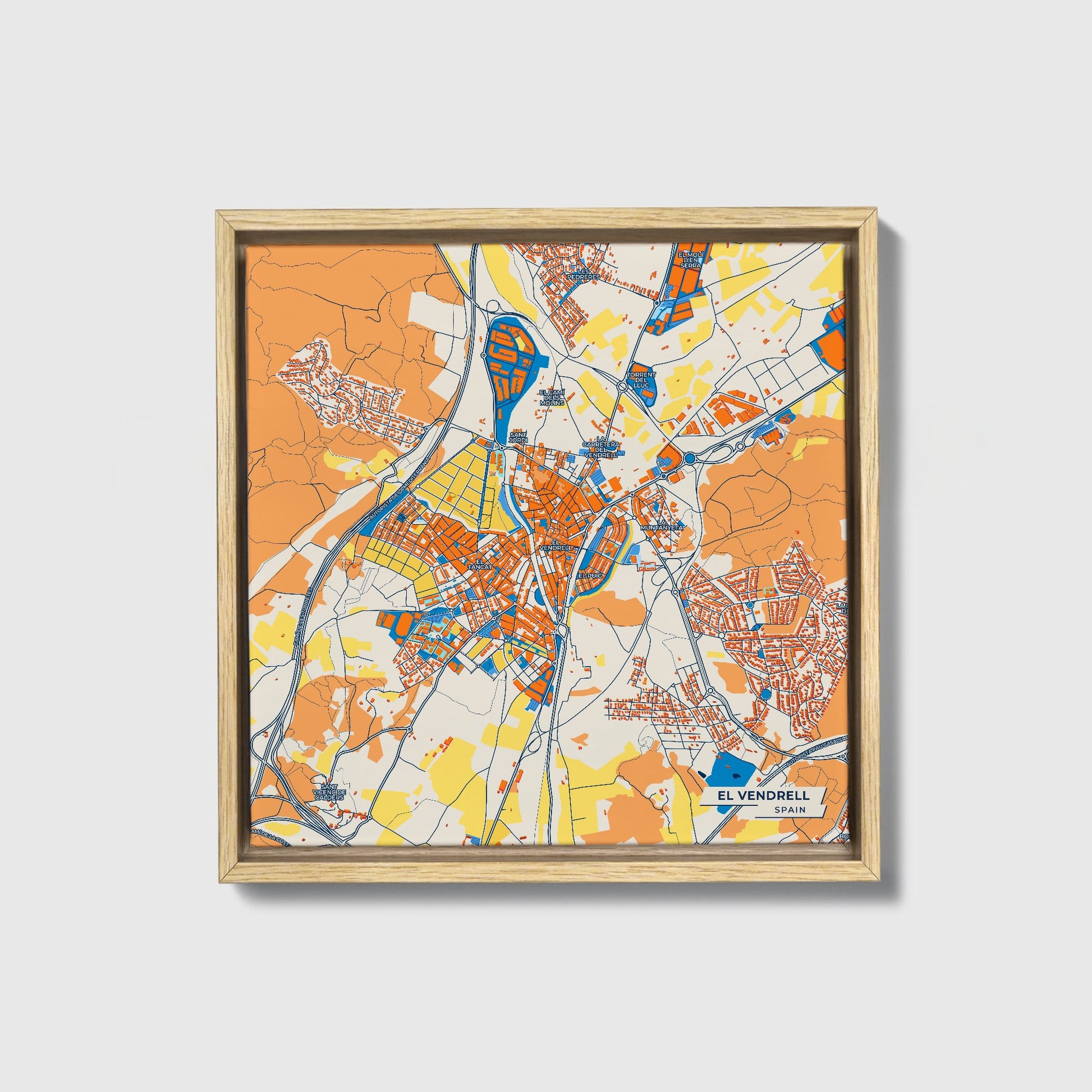 El Vendrell Spain Colorful City Map Canvas Print • Natural Wooden Framed
