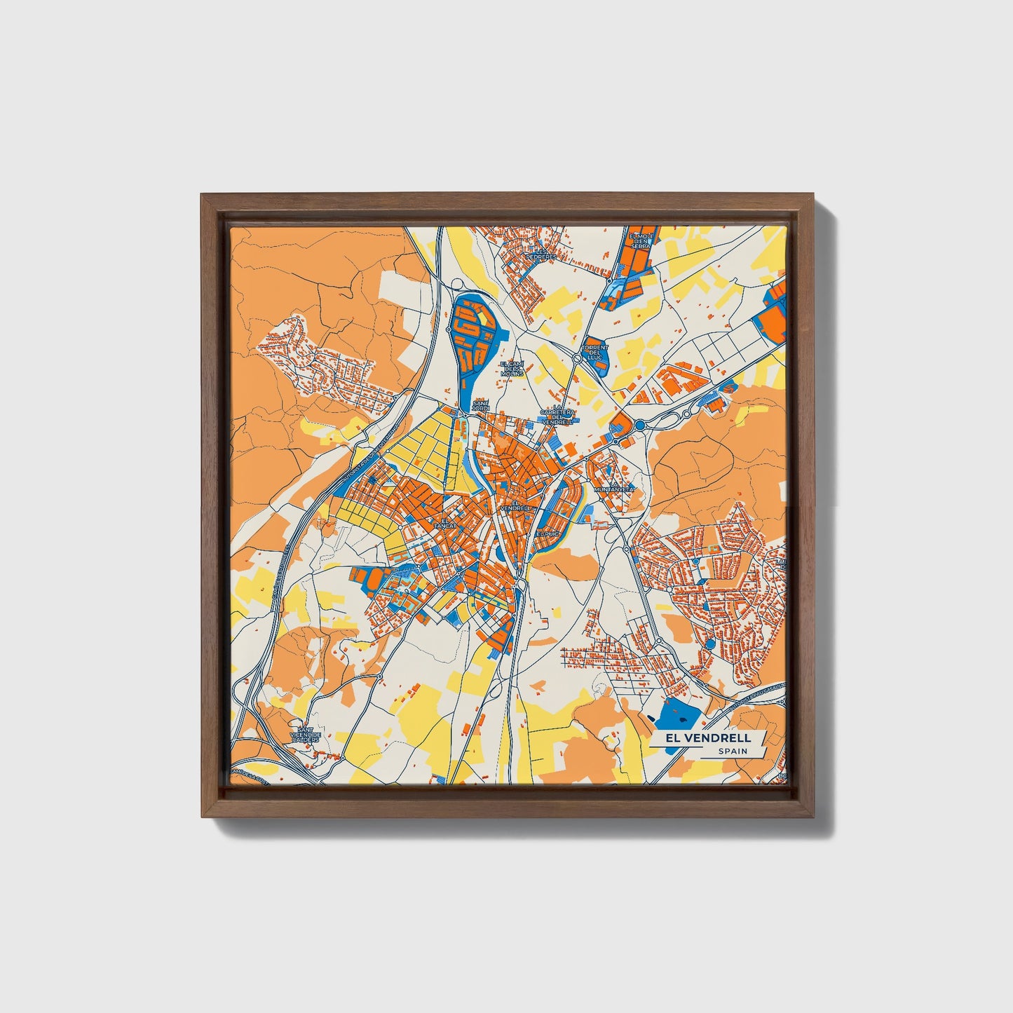 El Vendrell Spain Colorful City Map Canvas Print • Dark Wooden Framed