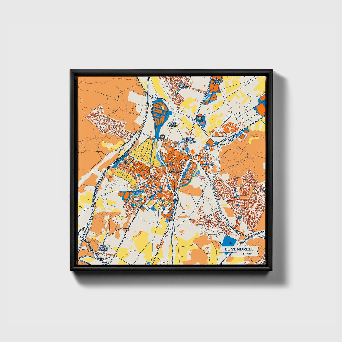 El Vendrell Spain Colorful City Map Canvas Print • Black Framed