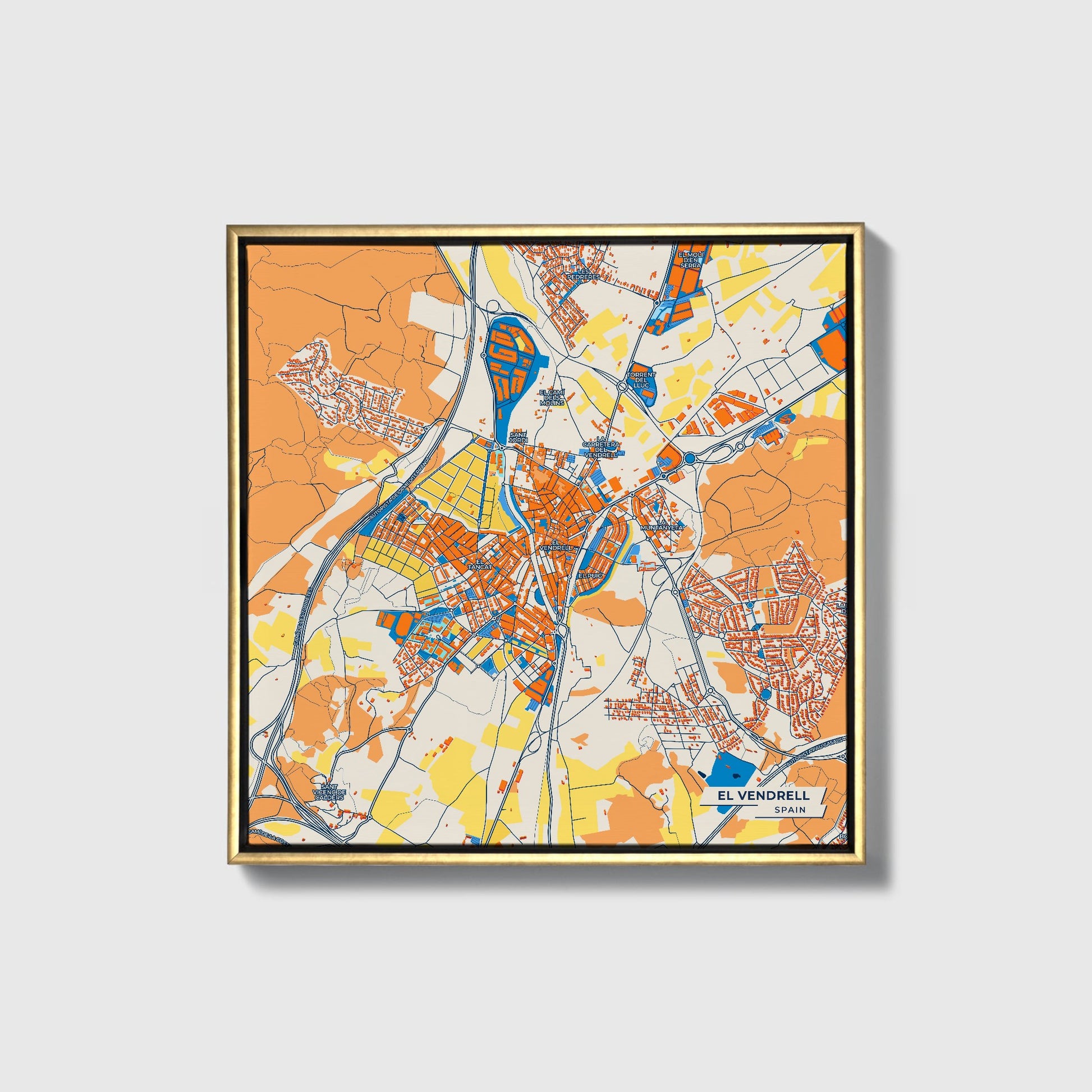 El Vendrell Spain Colorful City Map Canvas Print • Gold Framed
