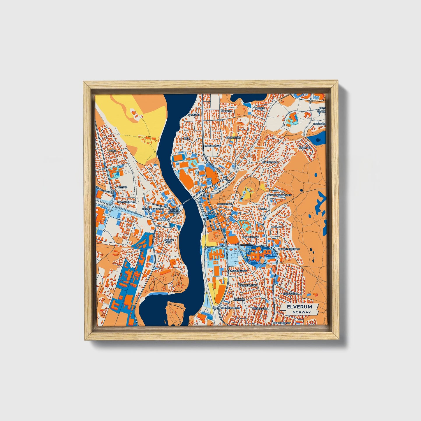 Elverum Norway Colorful City Map Canvas Print • Natural Wooden Framed