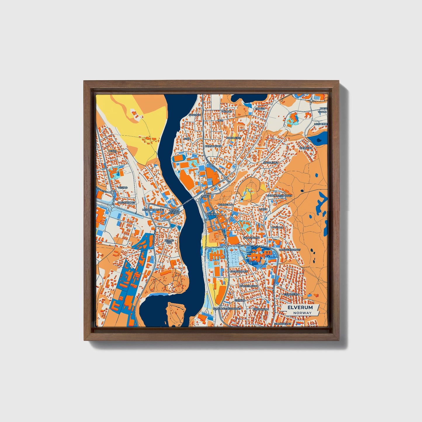Elverum Norway Colorful City Map Canvas Print • Dark Wooden Framed