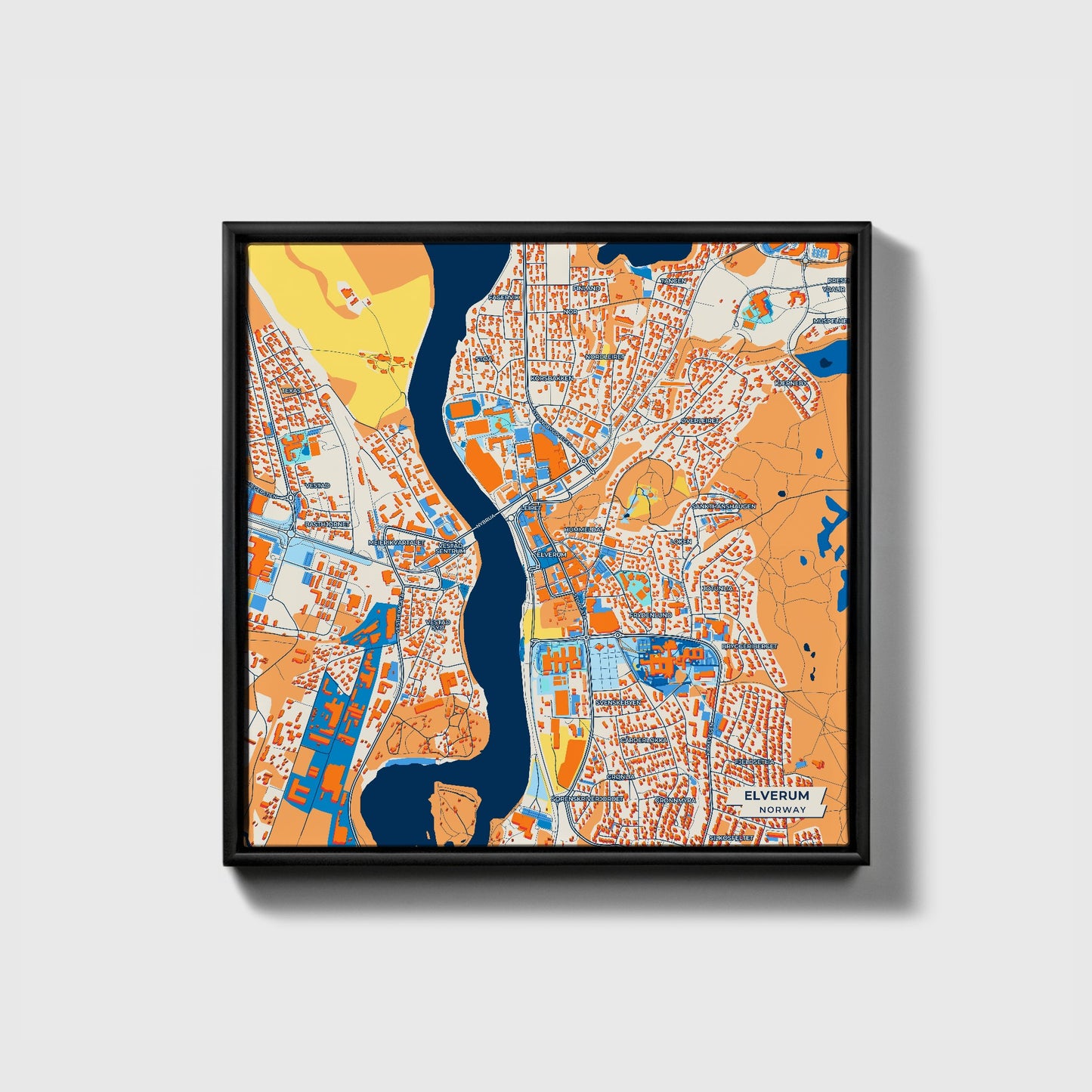 Elverum Norway Colorful City Map Canvas Print • Black Framed