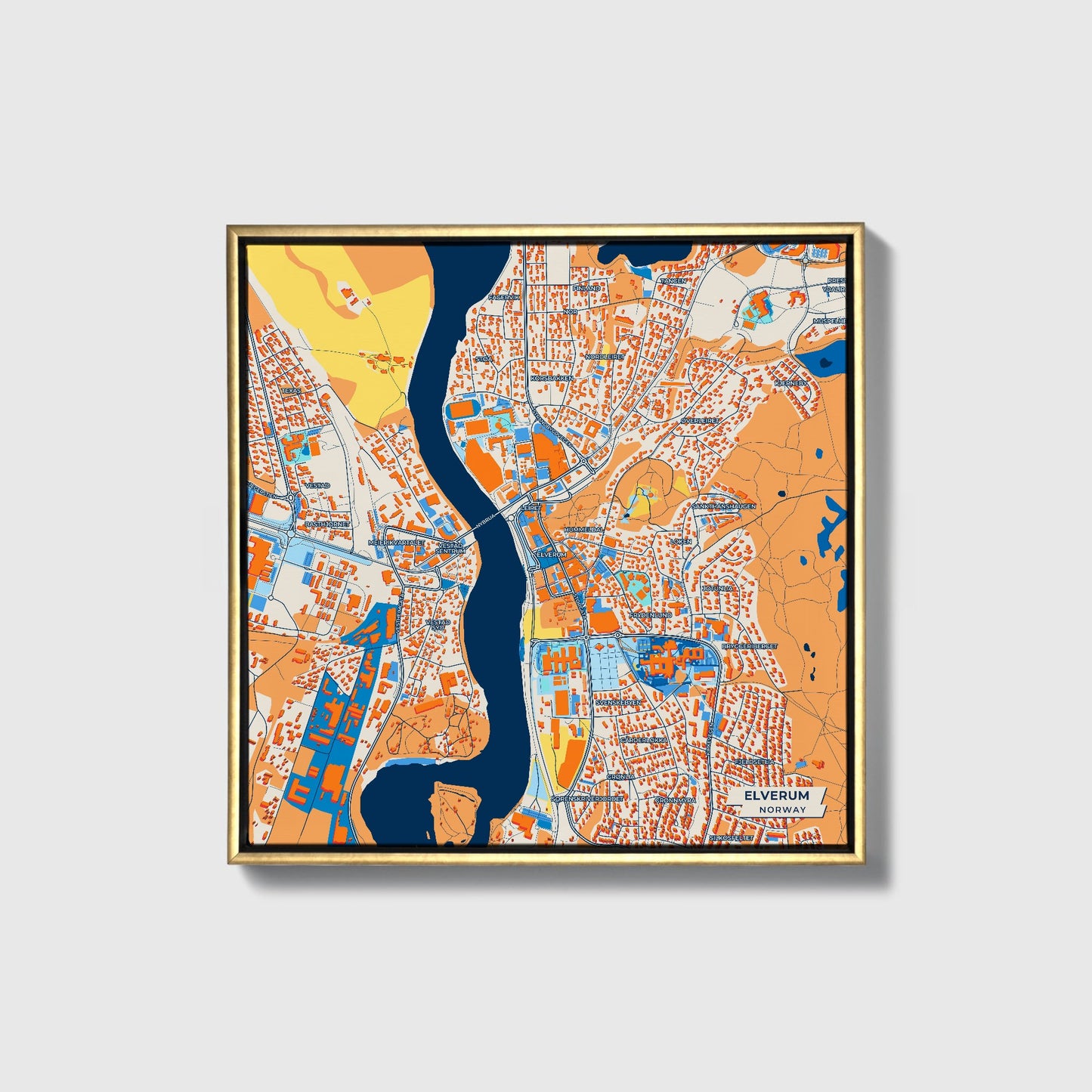 Elverum Norway Colorful City Map Canvas Print • Gold Framed