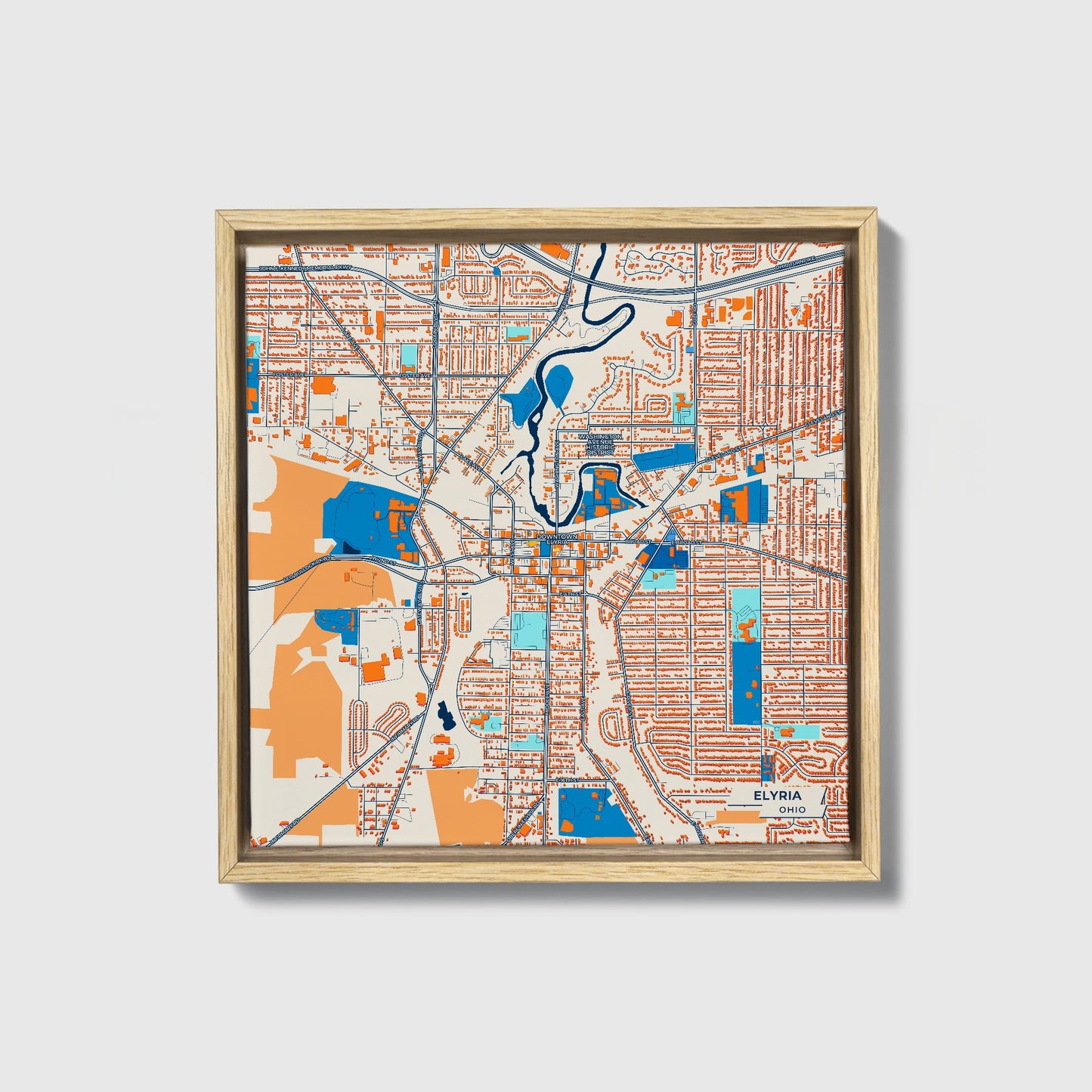Elyria Ohio Colorful City Map Canvas Print • Natural Wooden Framed