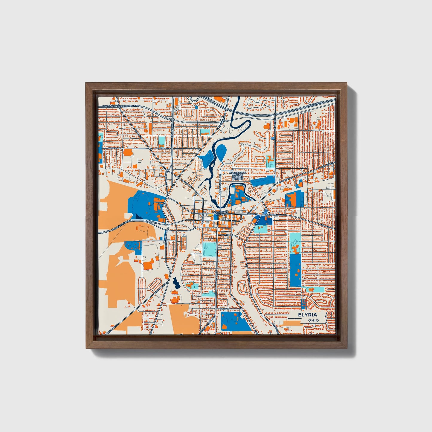 Elyria Ohio Colorful City Map Canvas Print • Dark Wooden Framed