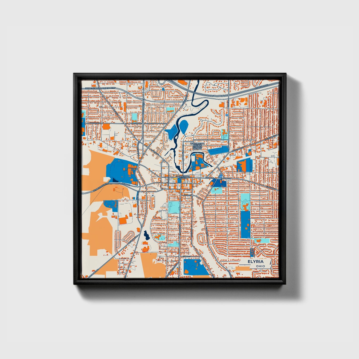 Elyria Ohio Colorful City Map Canvas Print • Black Framed