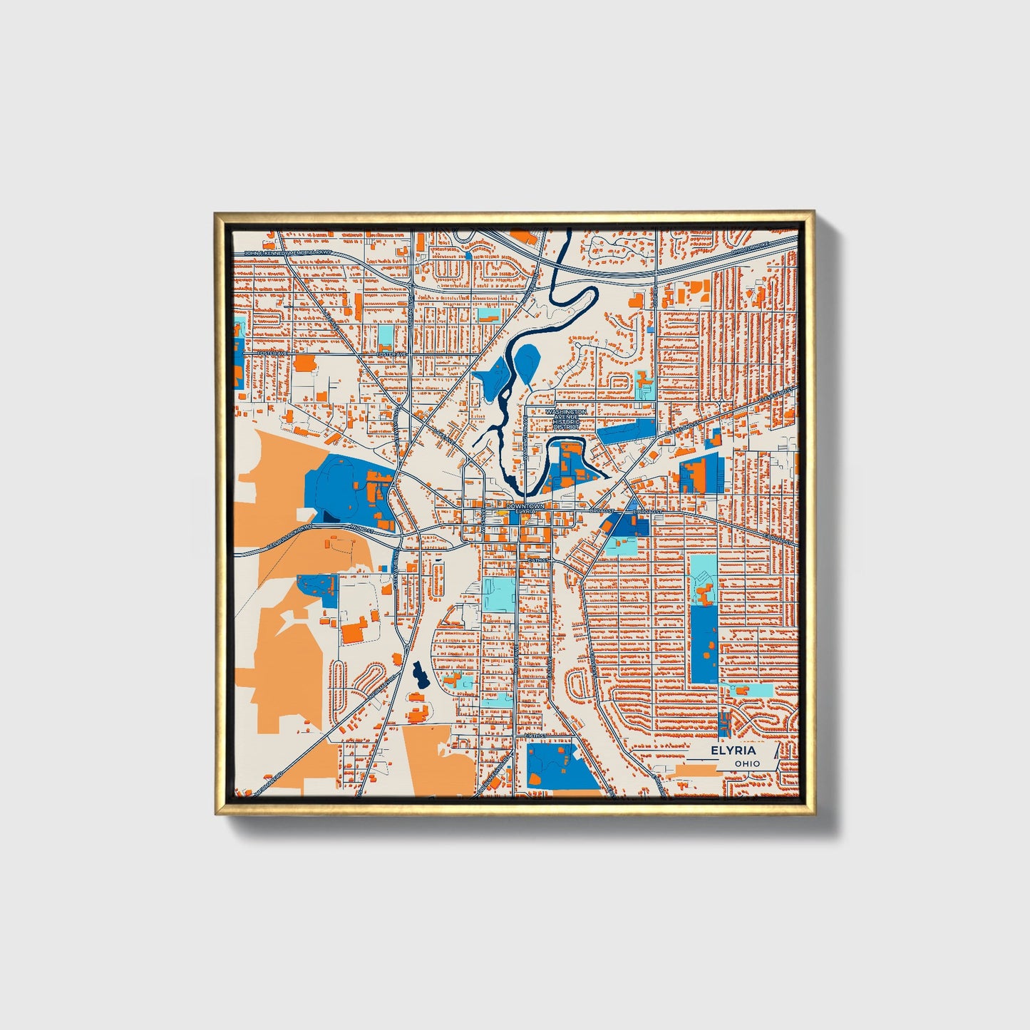 Elyria Ohio Colorful City Map Canvas Print • Gold Framed