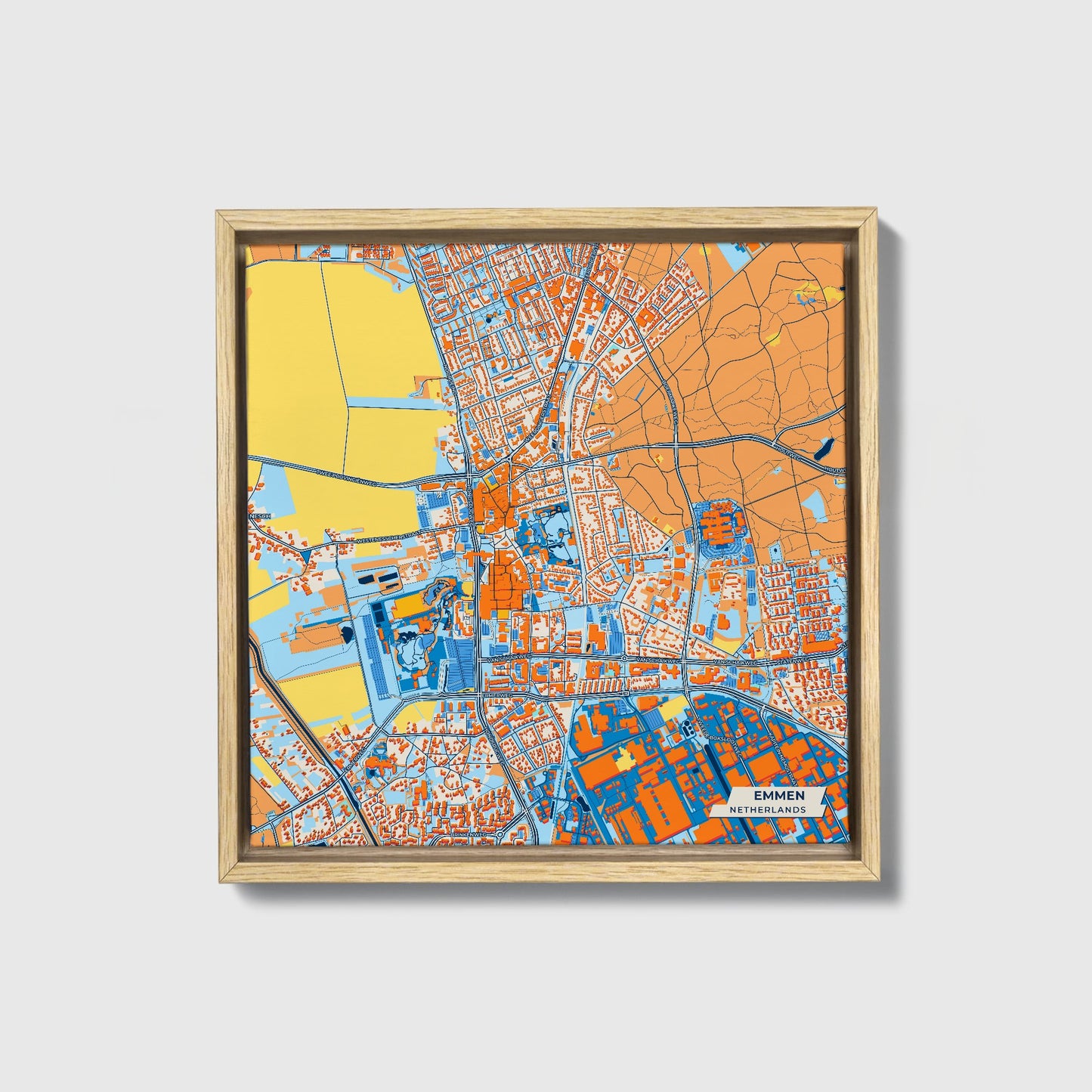 Emmen Netherlands Colorful City Map Canvas Print • Natural Wooden Framed