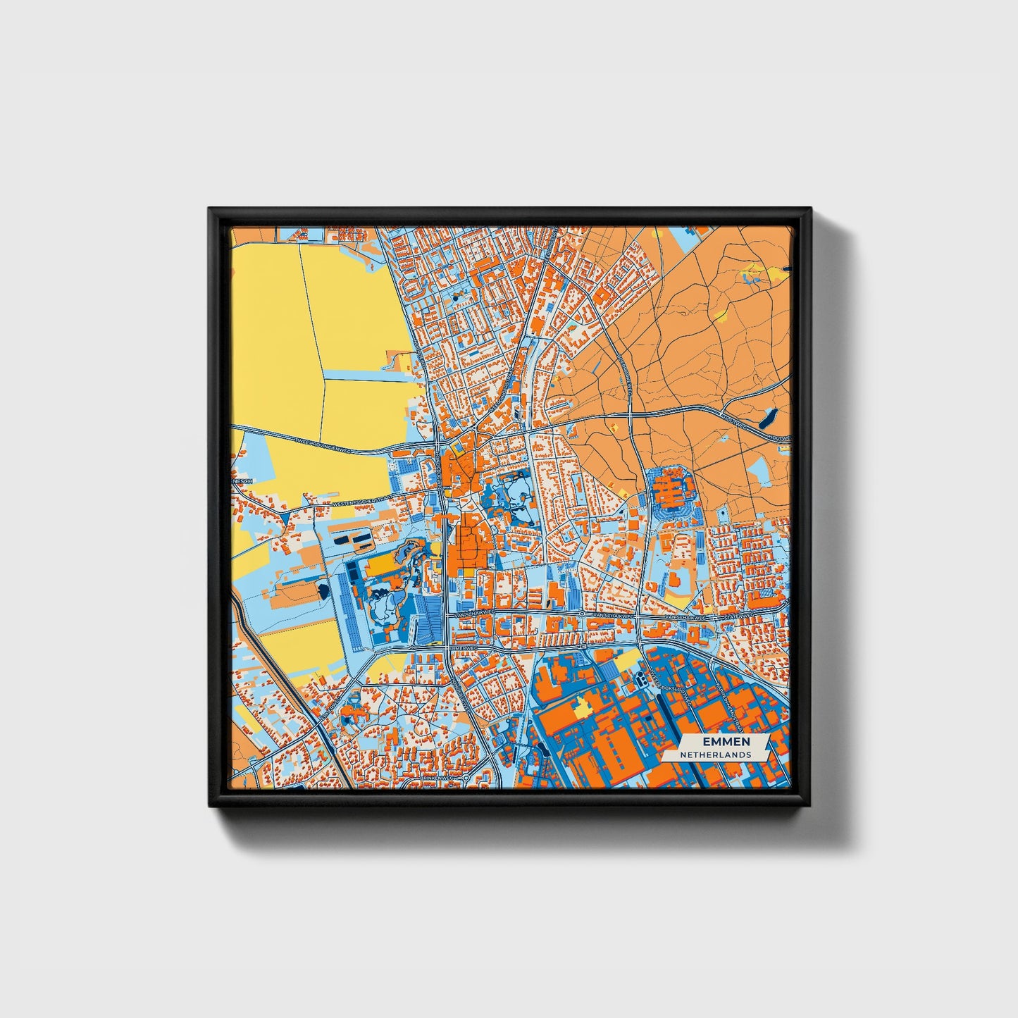 Emmen Netherlands Colorful City Map Canvas Print • Black Framed
