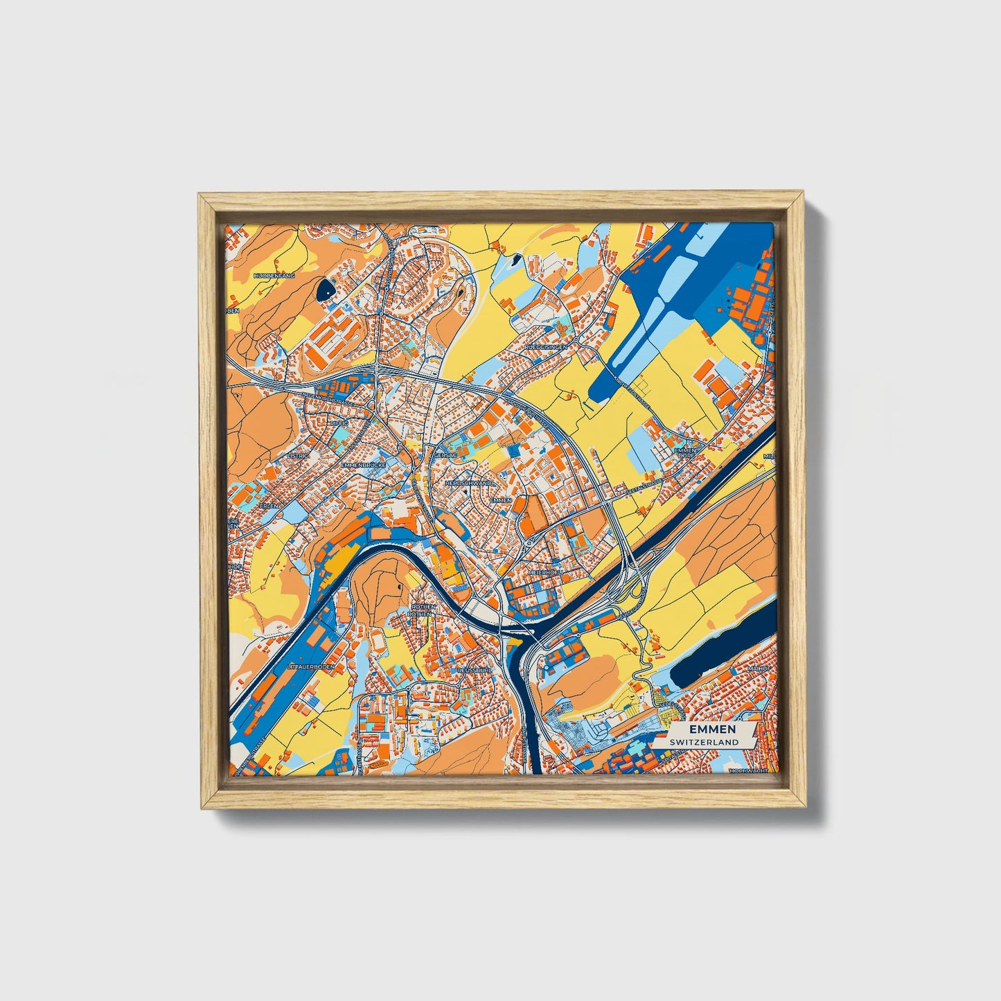 Emmen Switzerland Colorful City Map Canvas Print • Natural Wooden Framed