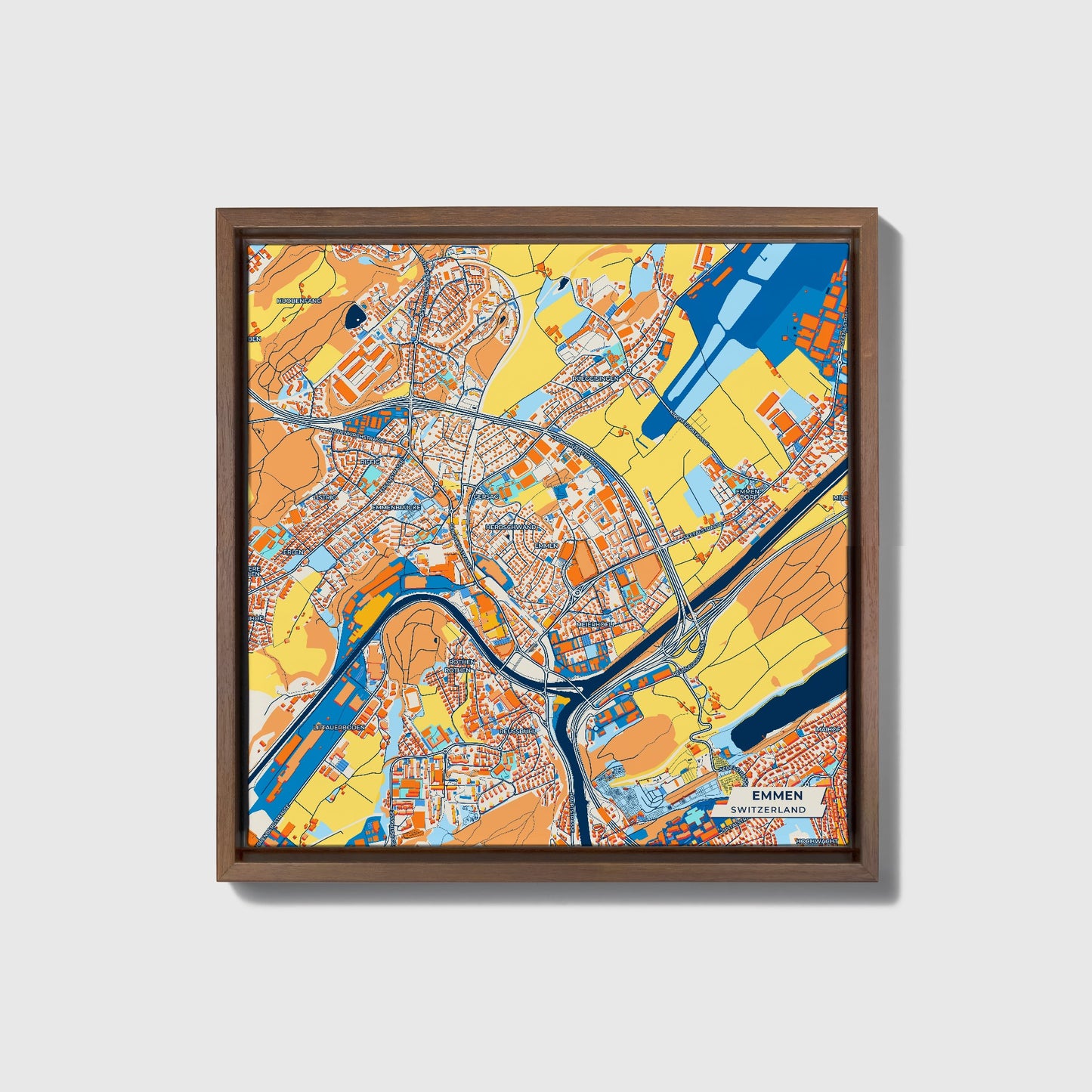 Emmen Switzerland Colorful City Map Canvas Print • Dark Wooden Framed