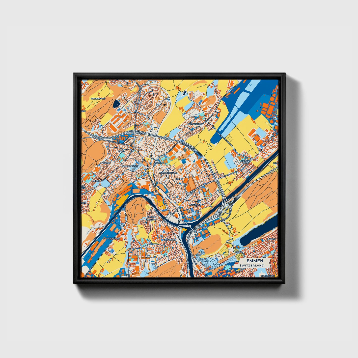 Emmen Switzerland Colorful City Map Canvas Print • Black Framed