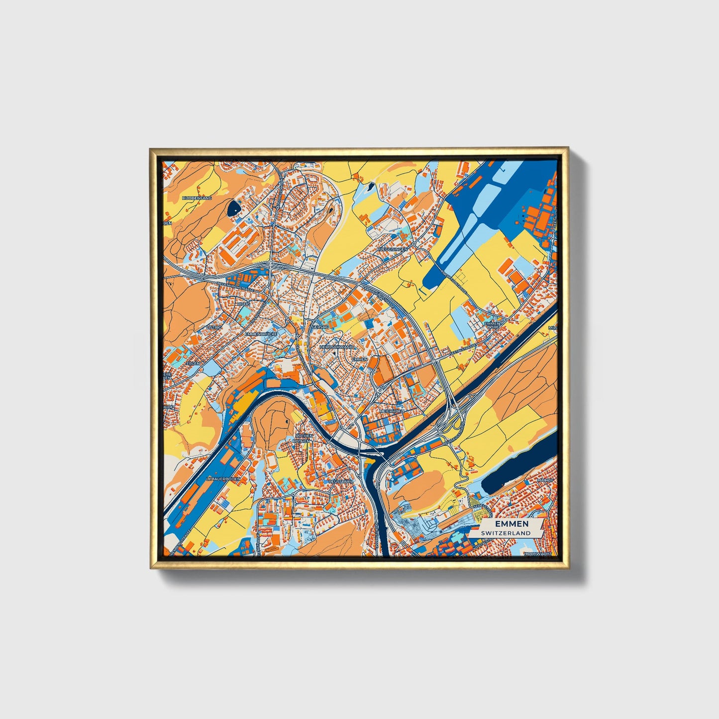 Emmen Switzerland Colorful City Map Canvas Print • Gold Framed