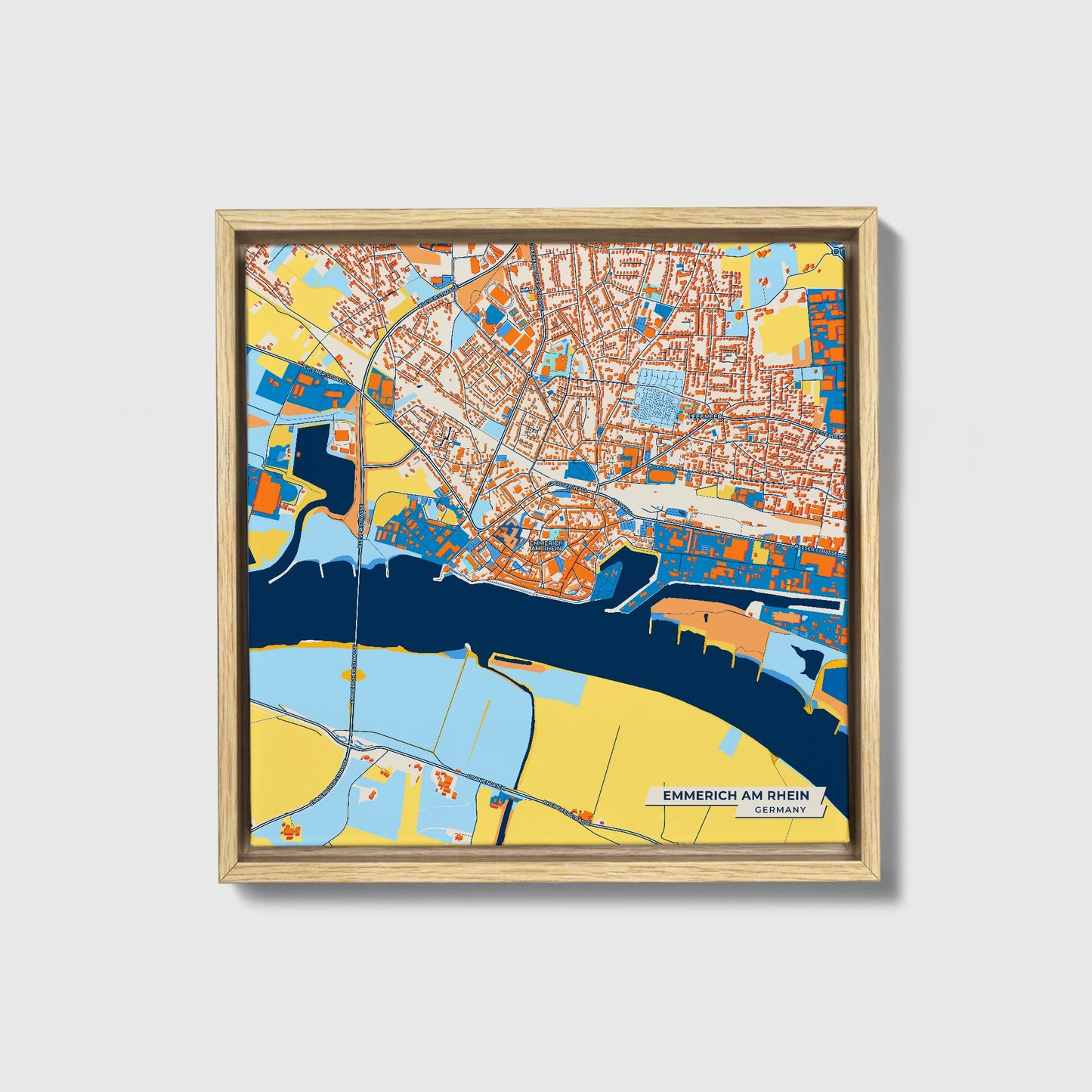 Emmerich Am Rhein Germany Colorful City Map Canvas Print • Natural Wooden Framed