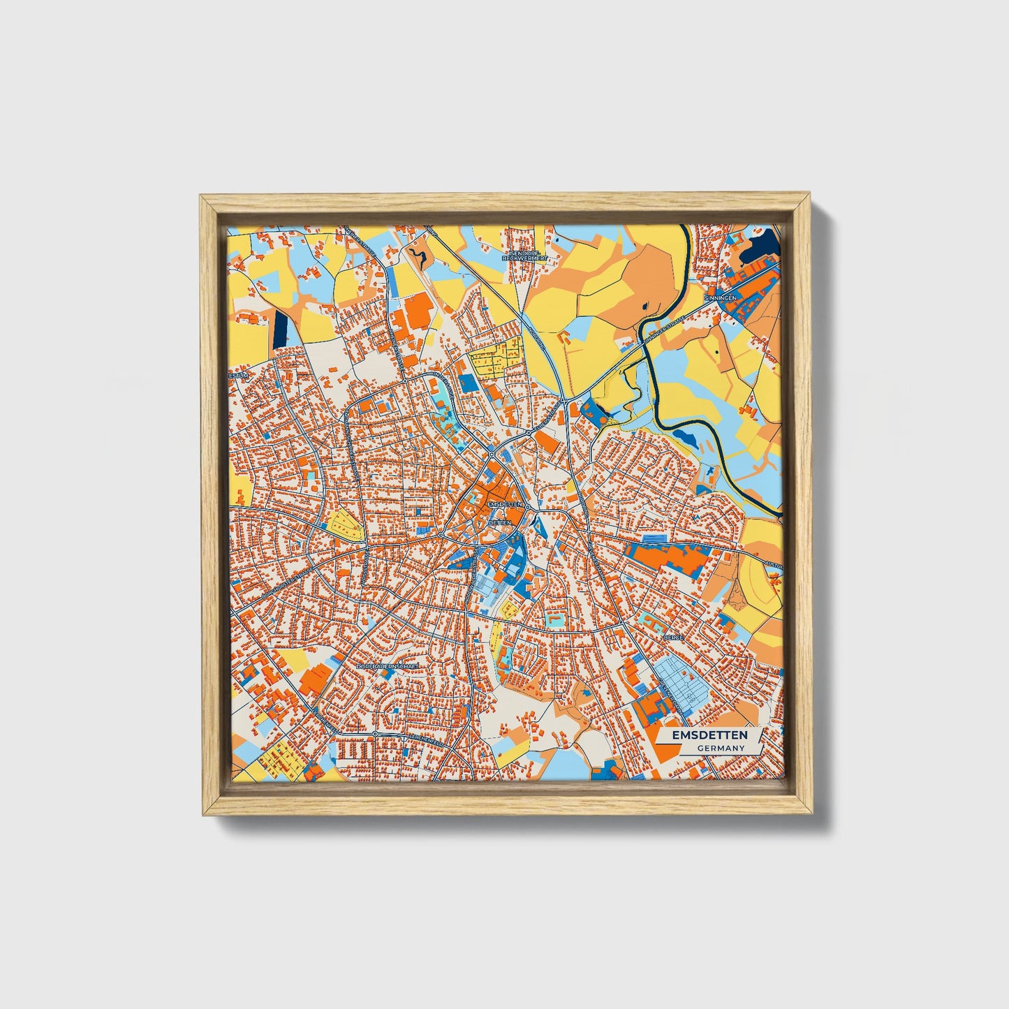 Emsdetten Germany Colorful City Map Canvas Print • Natural Wooden Framed