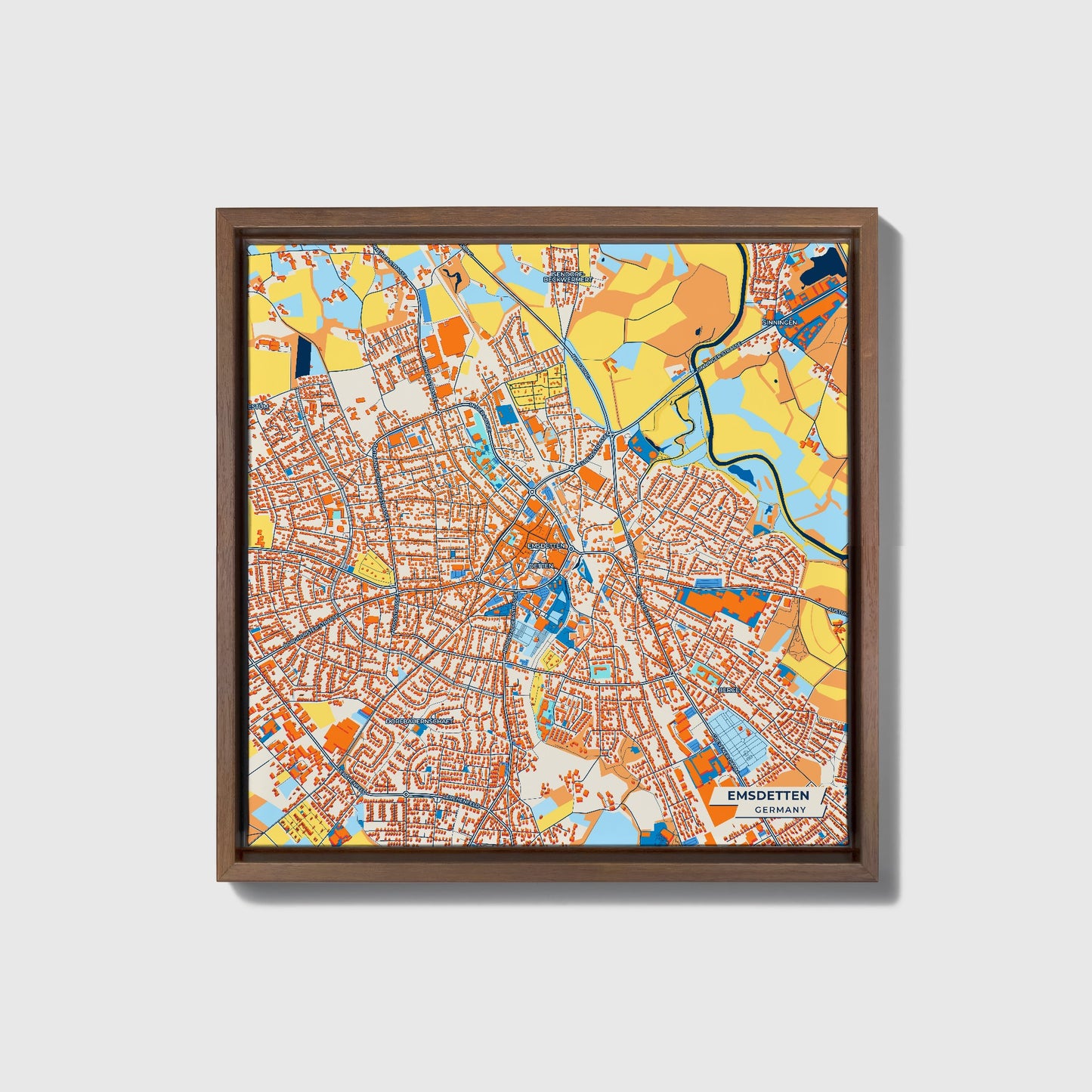 Emsdetten Germany Colorful City Map Canvas Print • Dark Wooden Framed