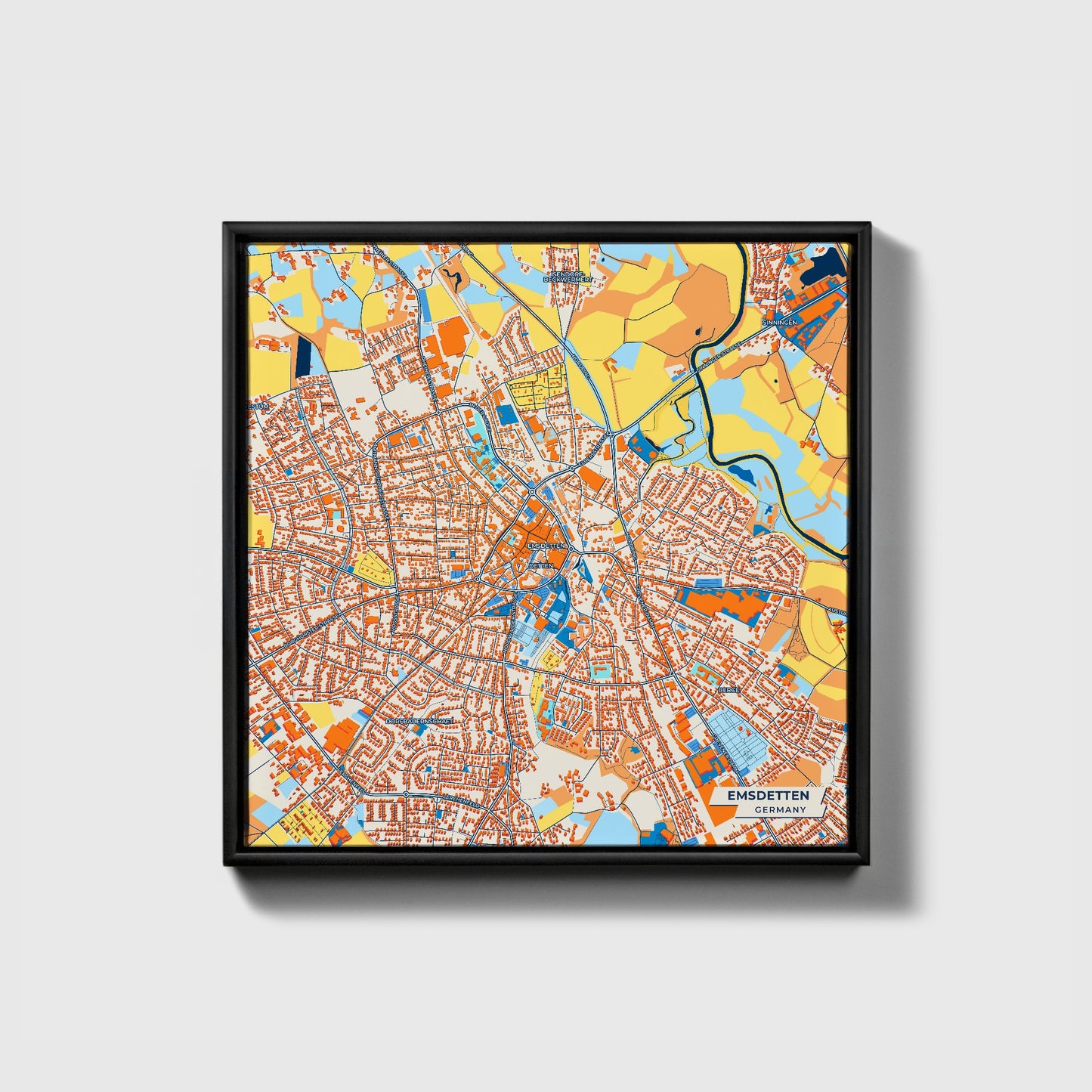 Emsdetten Germany Colorful City Map Canvas Print • Black Framed