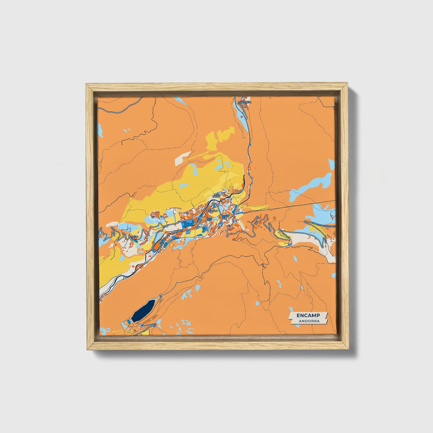 Encamp Andorra Colorful City Map Canvas Print • Natural Wooden Framed