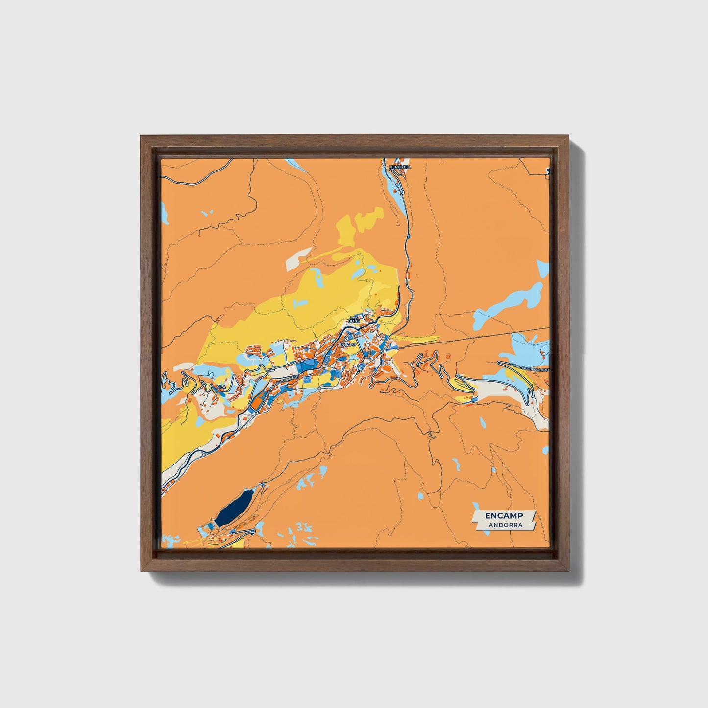 Encamp Andorra Colorful City Map Canvas Print • Dark Wooden Framed