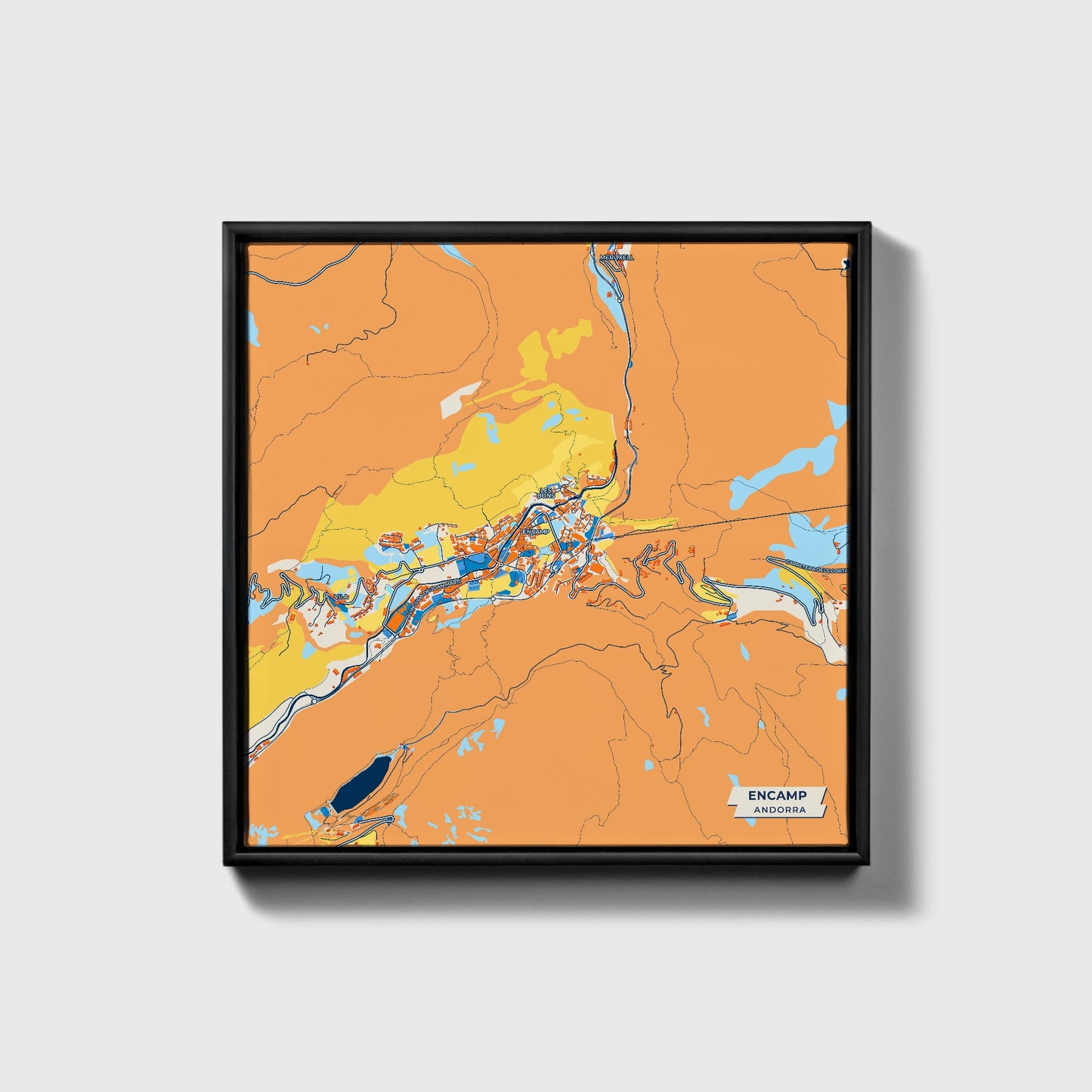 Encamp Andorra Colorful City Map Canvas Print • Black Framed