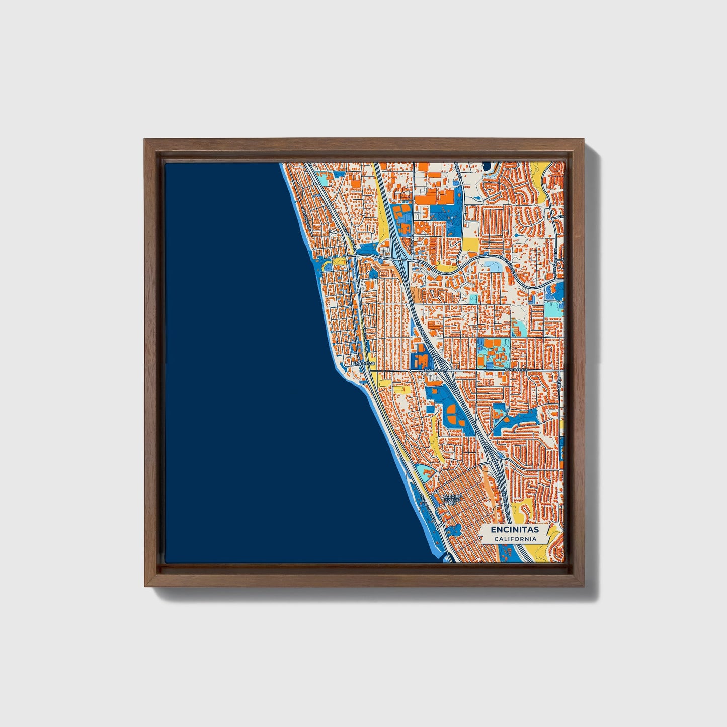 Encinitas California Colorful City Map Canvas Print • Dark Wooden Framed