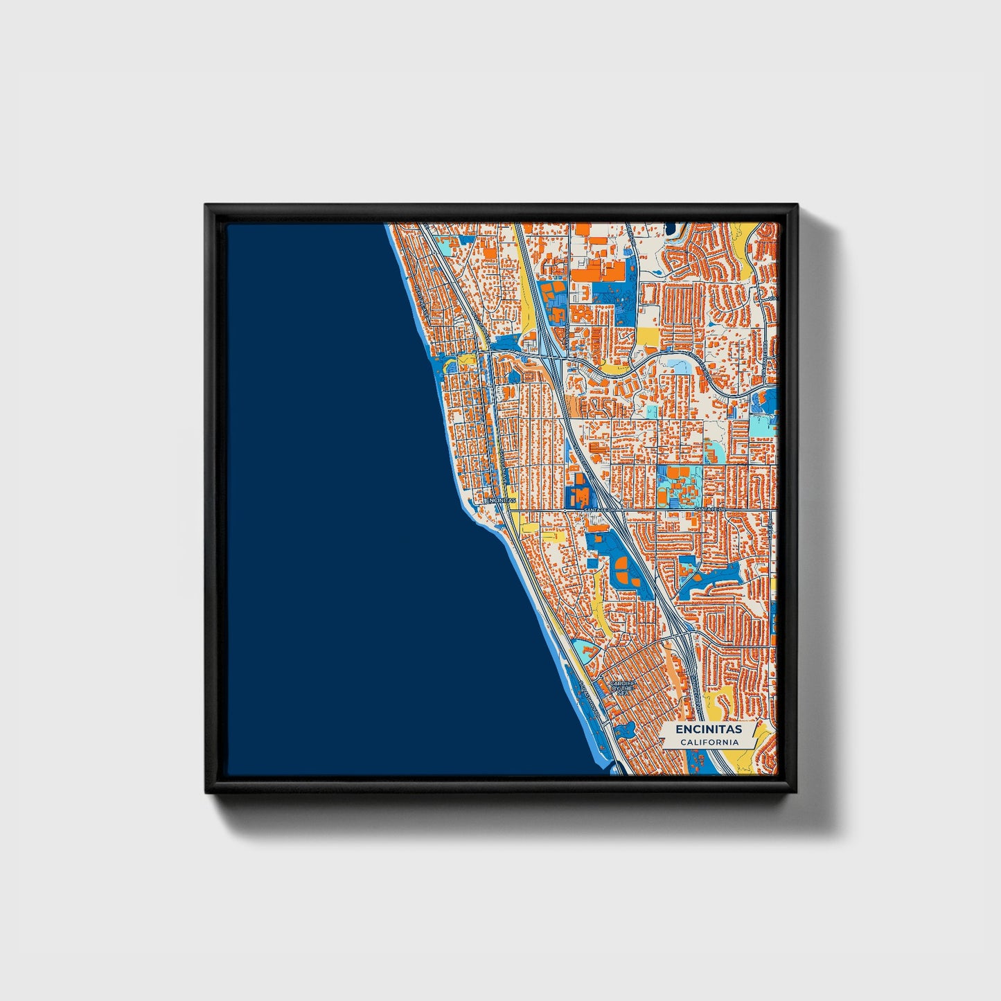 Encinitas California Colorful City Map Canvas Print • Black Framed