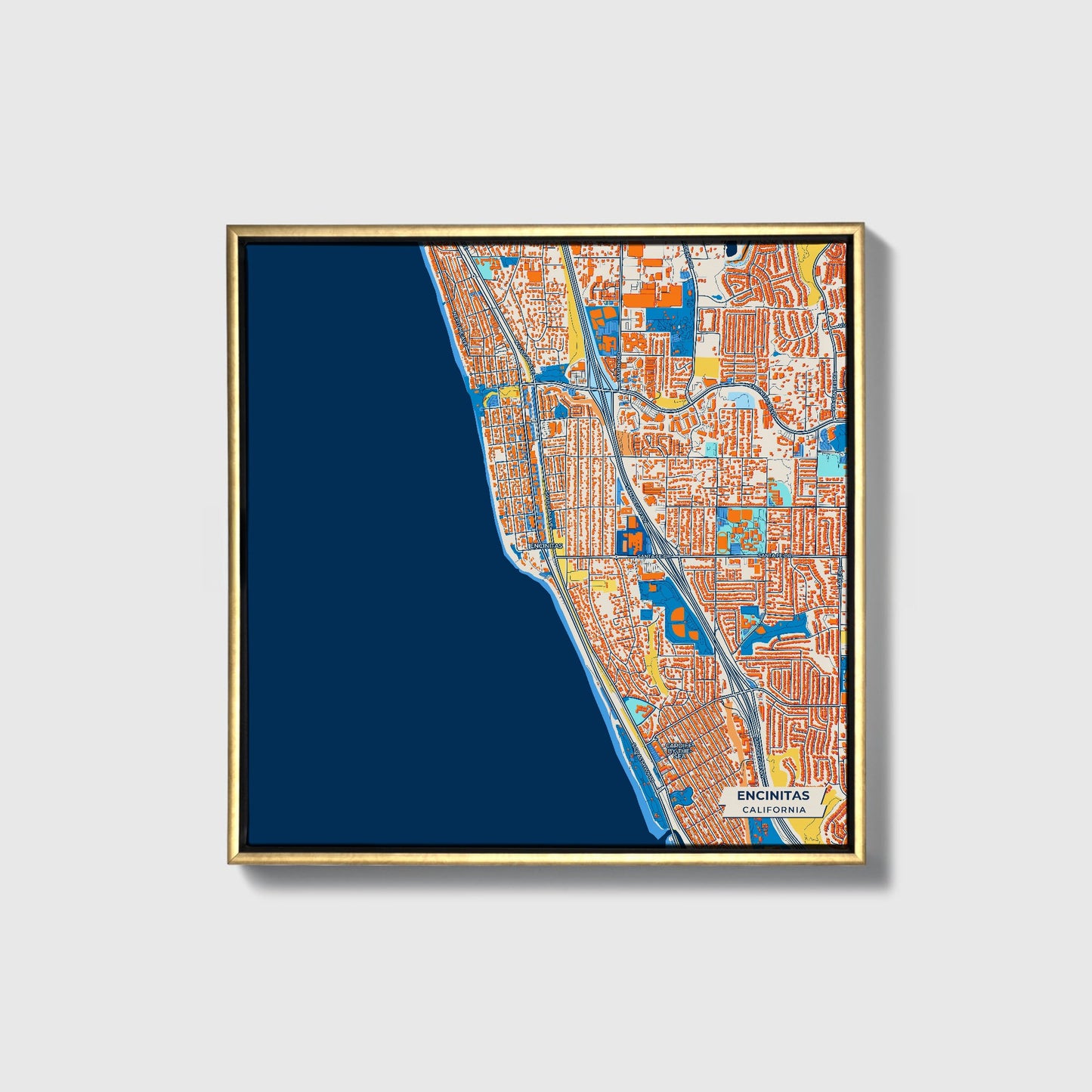Encinitas California Colorful City Map Canvas Print • Gold Framed